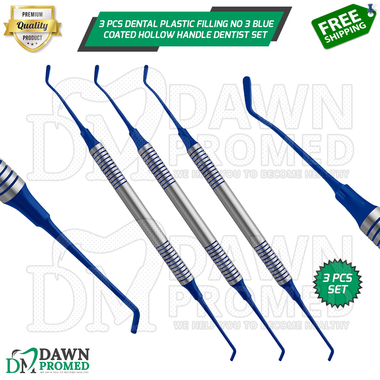 3 Pcs Gregg 4/5 Composite Plastic Filling Blue Coated Hollow Handle Dental Set