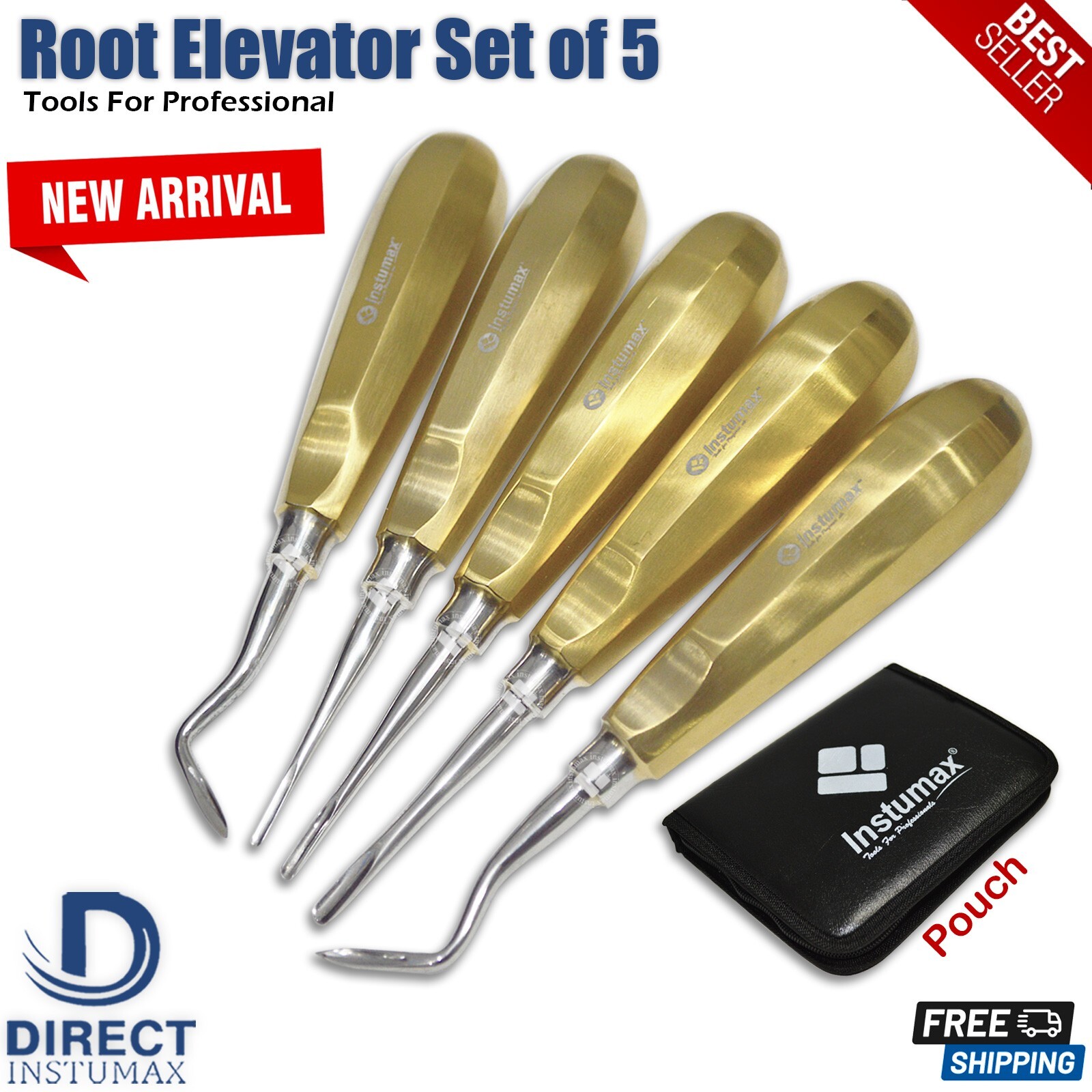 Dental Luxating Root Extraction Elevator Set of 5, Gold Coated with Pouch