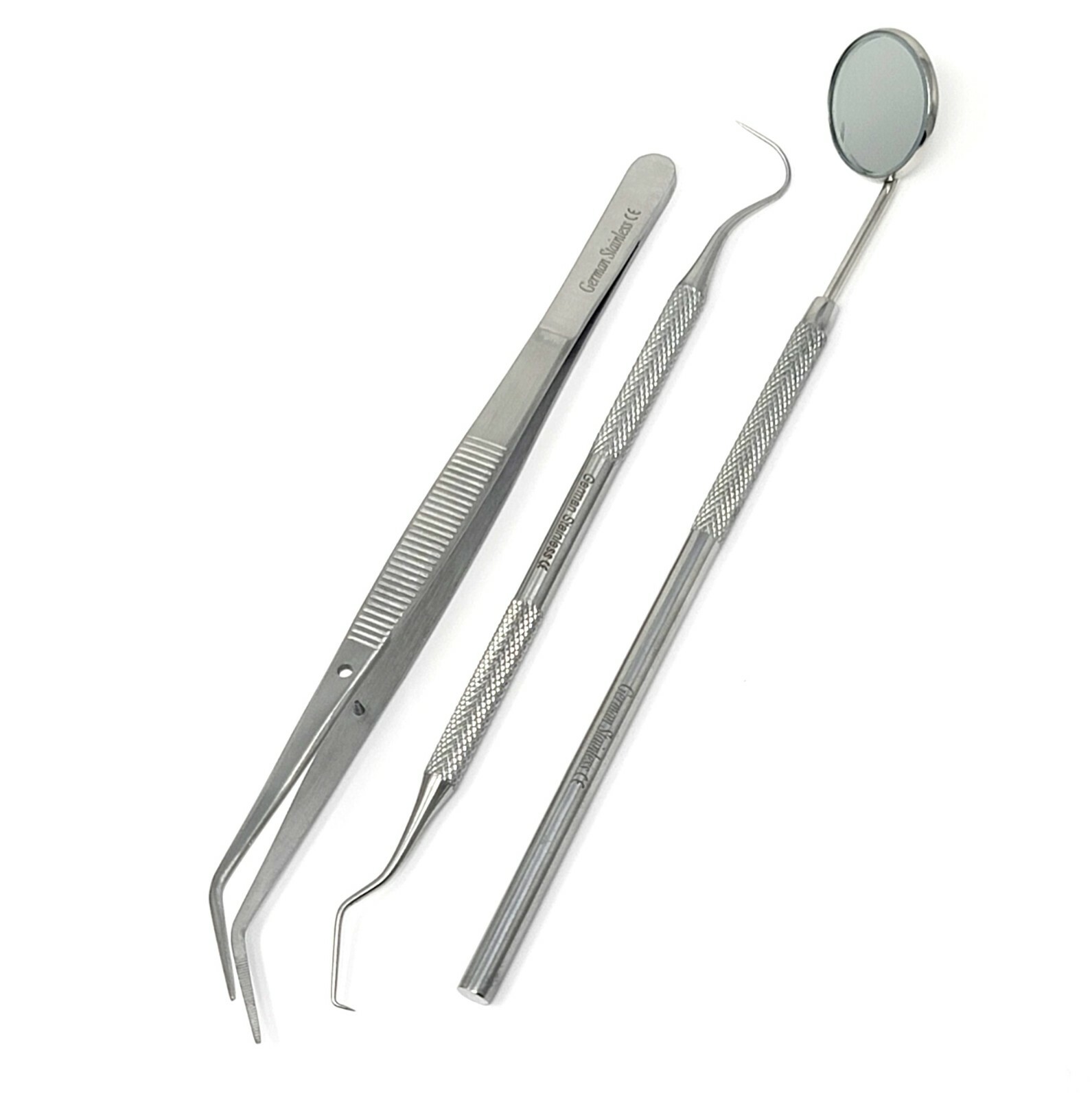 Basic Dental Instruments Set Mouth Mirror, Explorer #5 ,Cotton Plier ( GERMAN )