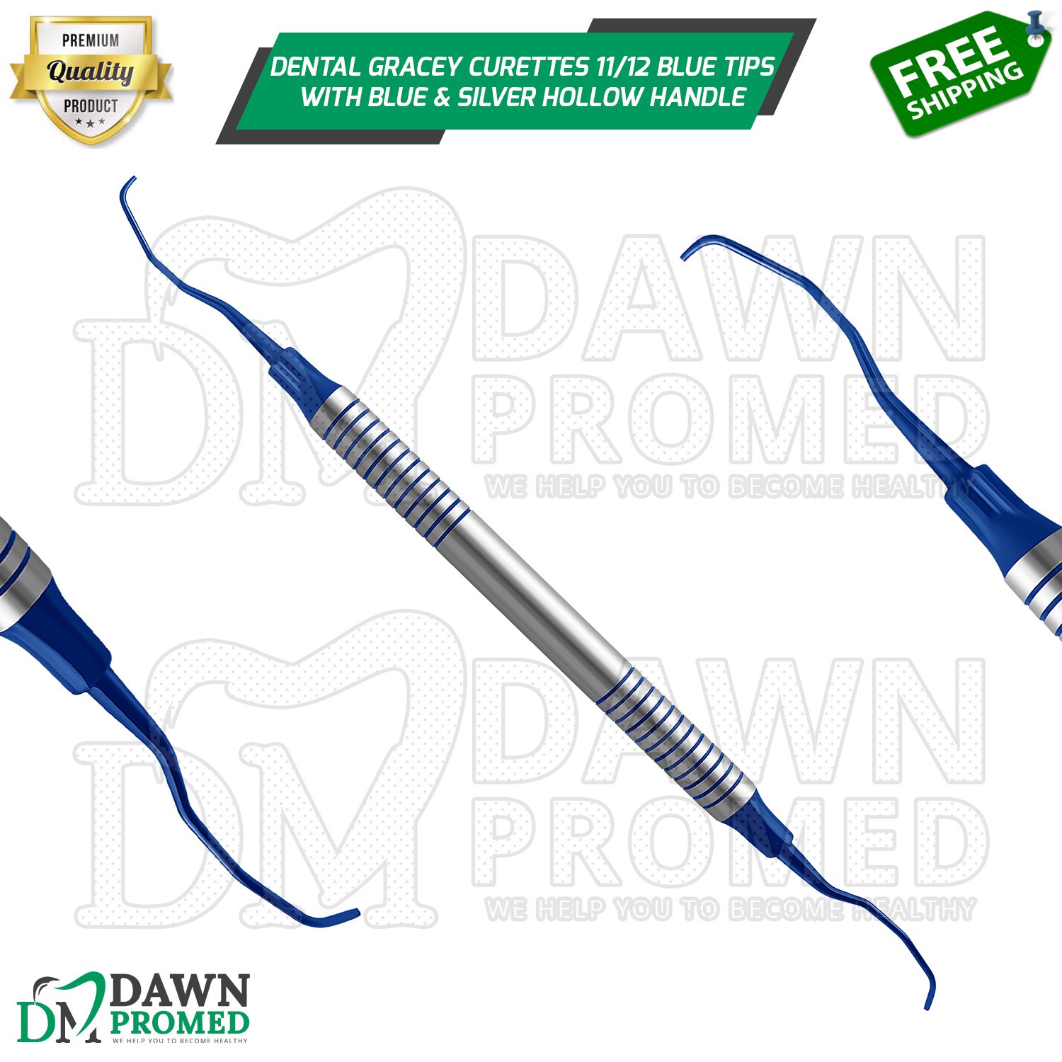 Dental Gracey Curettes 11/12 Blue Coated Double Ended Hollow Handle Instruments
