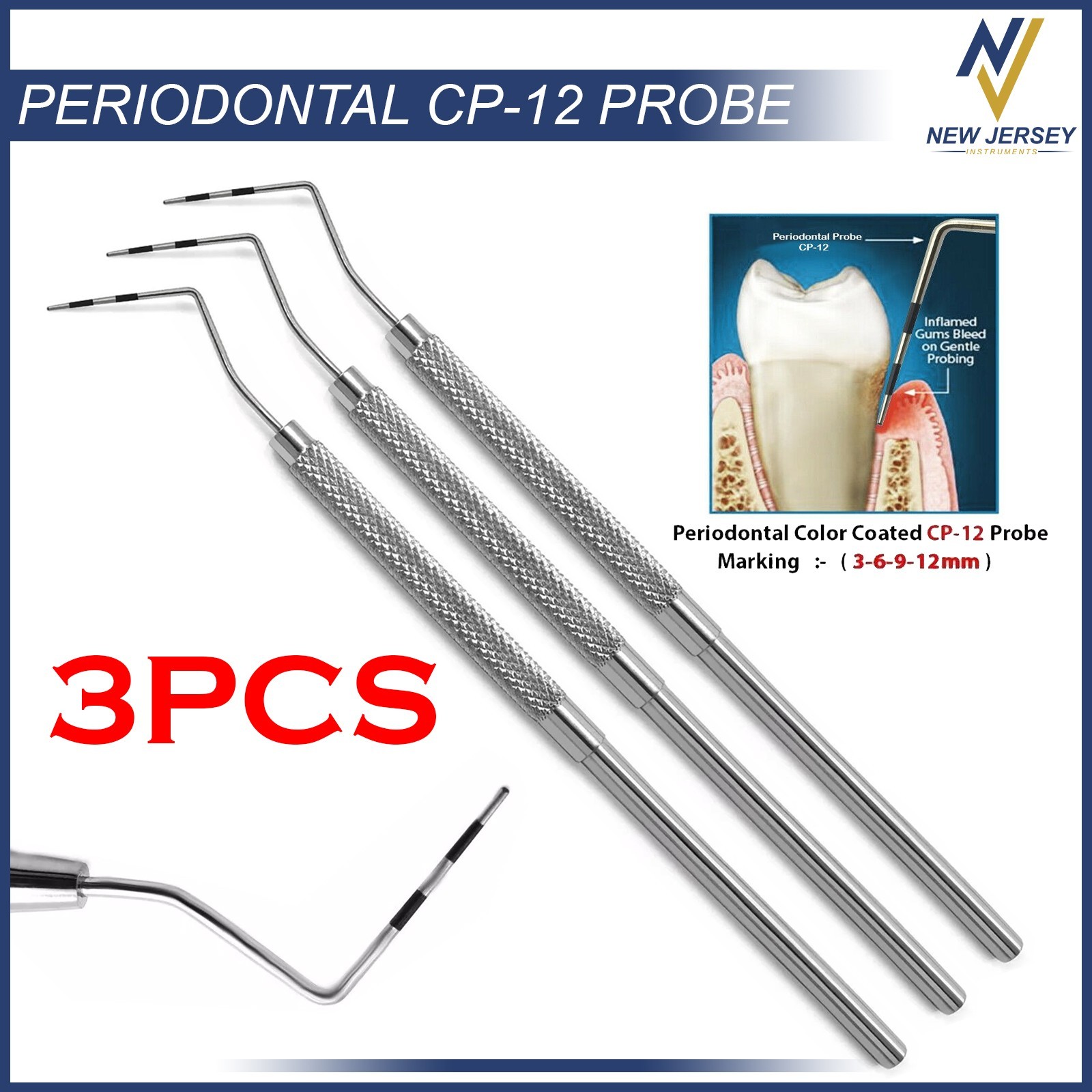 Perio CP-12 Probes 3-6-9-12m Single End Dental Diagnostic Examination Probe 3Pcs