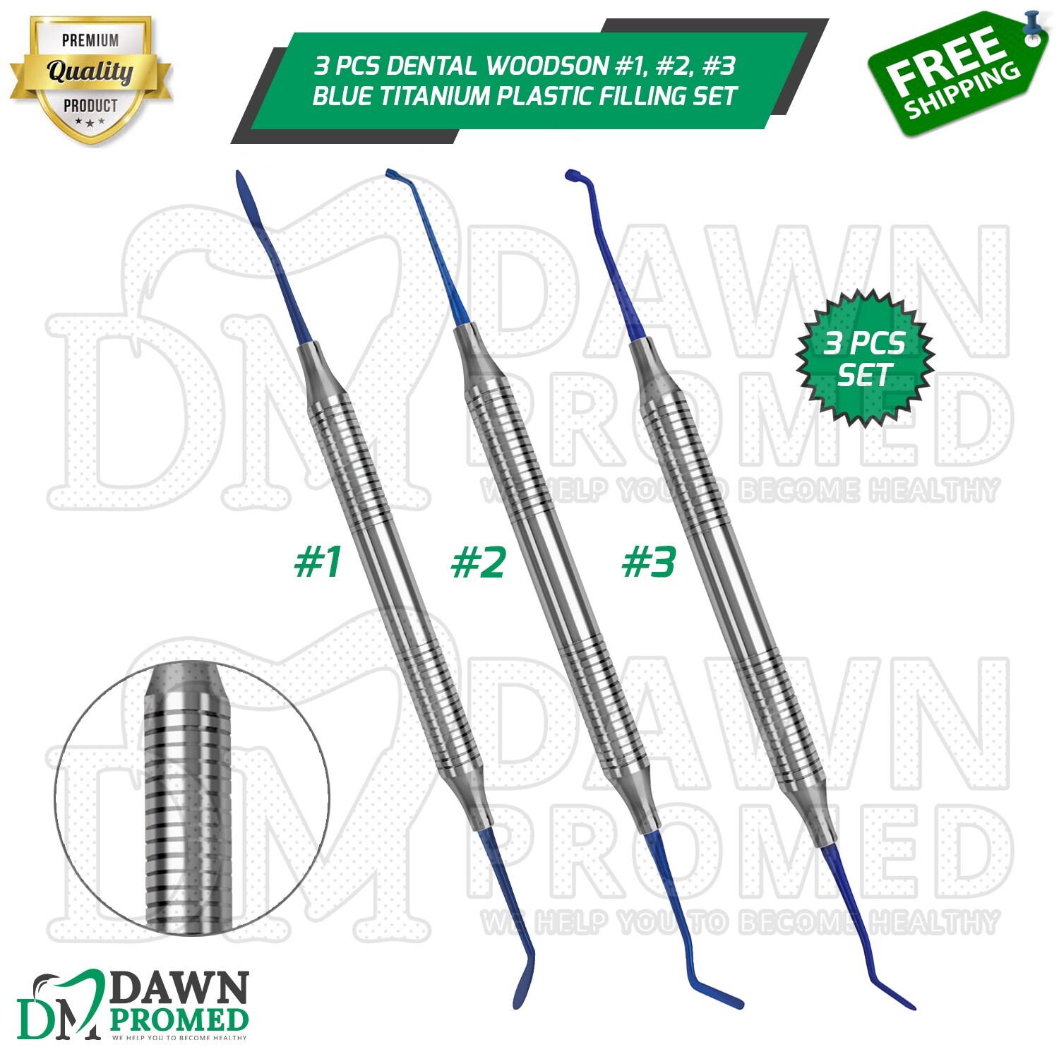 3 Pcs Dental Woodson #1, 2, 3 Blue Titanium 7″ Plastic Filling Instruments Set
