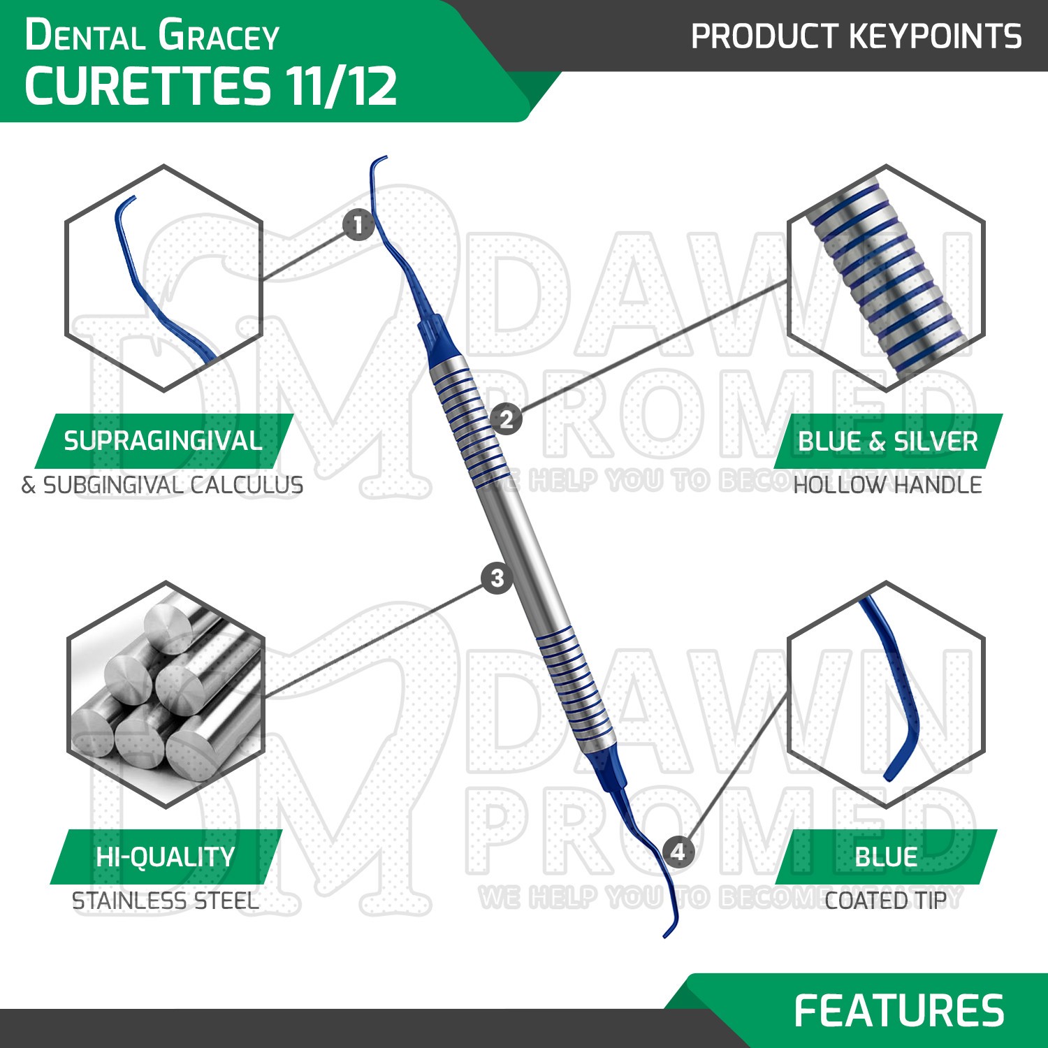 Dental Gracey Curettes 11/12 Blue Coated Double Ended Hollow Handle Instruments