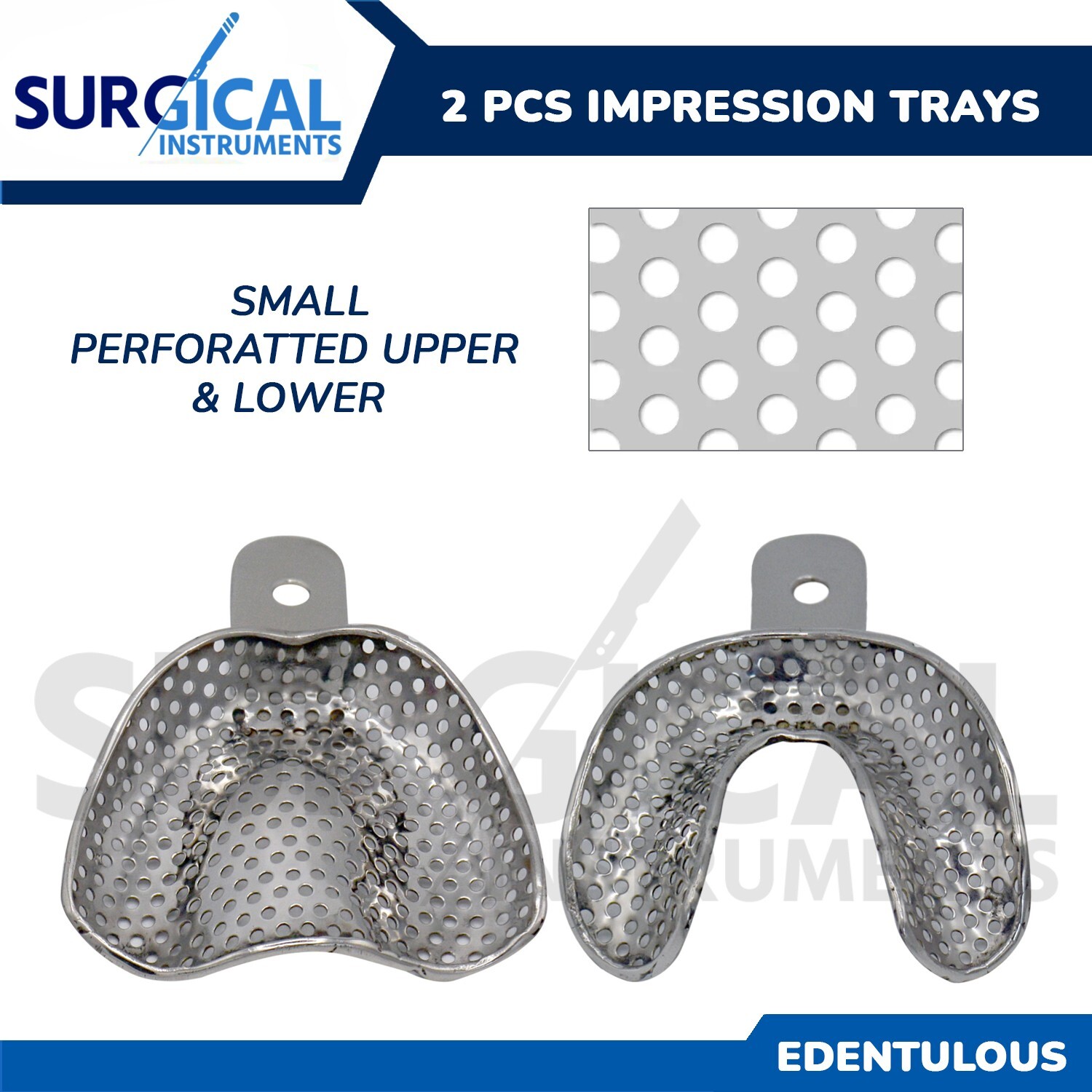 2 Metal Dental Impression Trays set Small Perforated Upper & Lower Edentulous