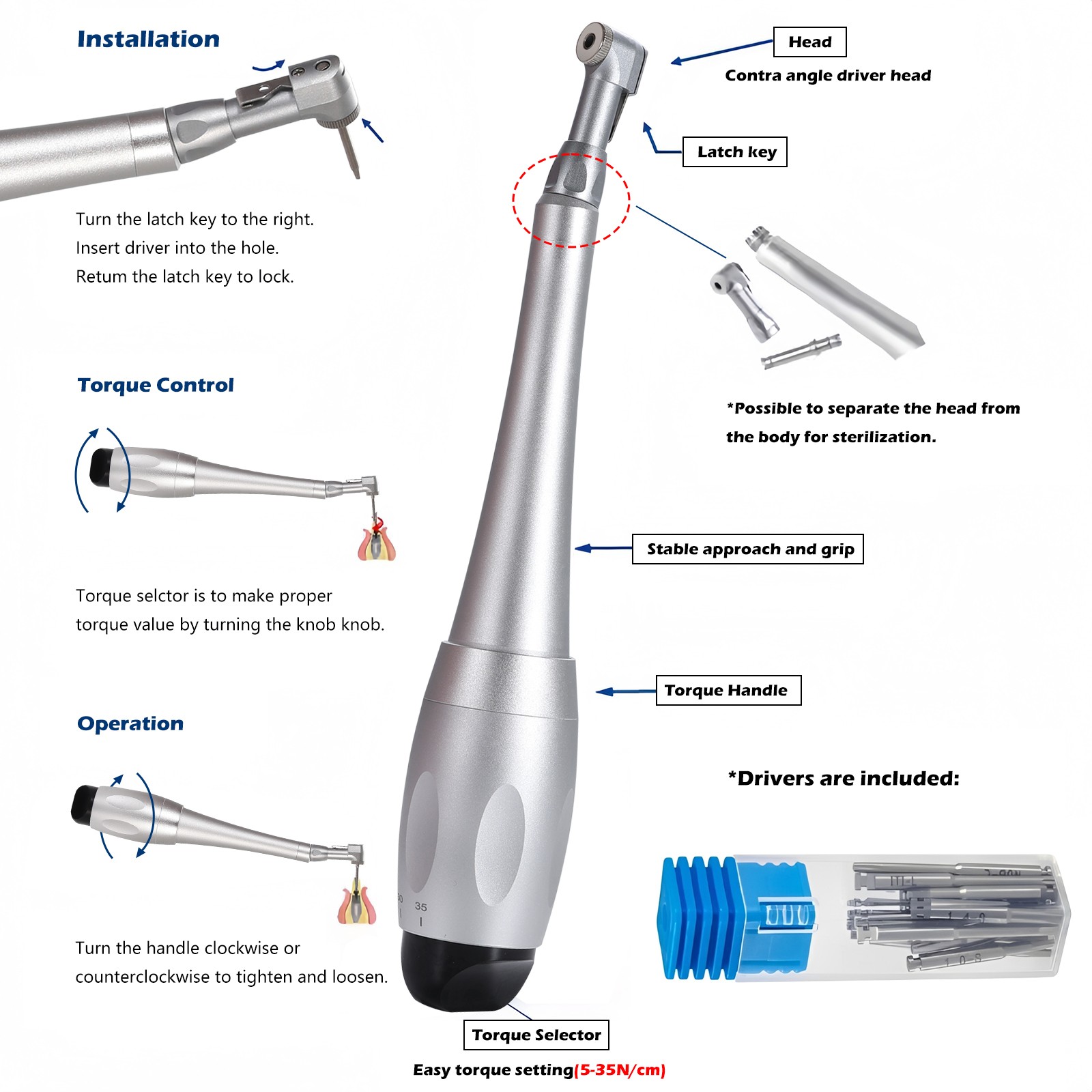 Dental Universal Implant Kit Torque Wrench Contra Angle & 16pcs Drivers Silver