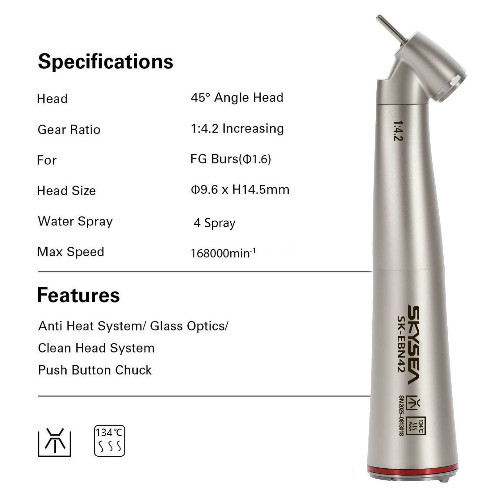 Dental 1:4.2 Increasing 45 Degree LED Contra Angle Internal Handpiece SKYSEA