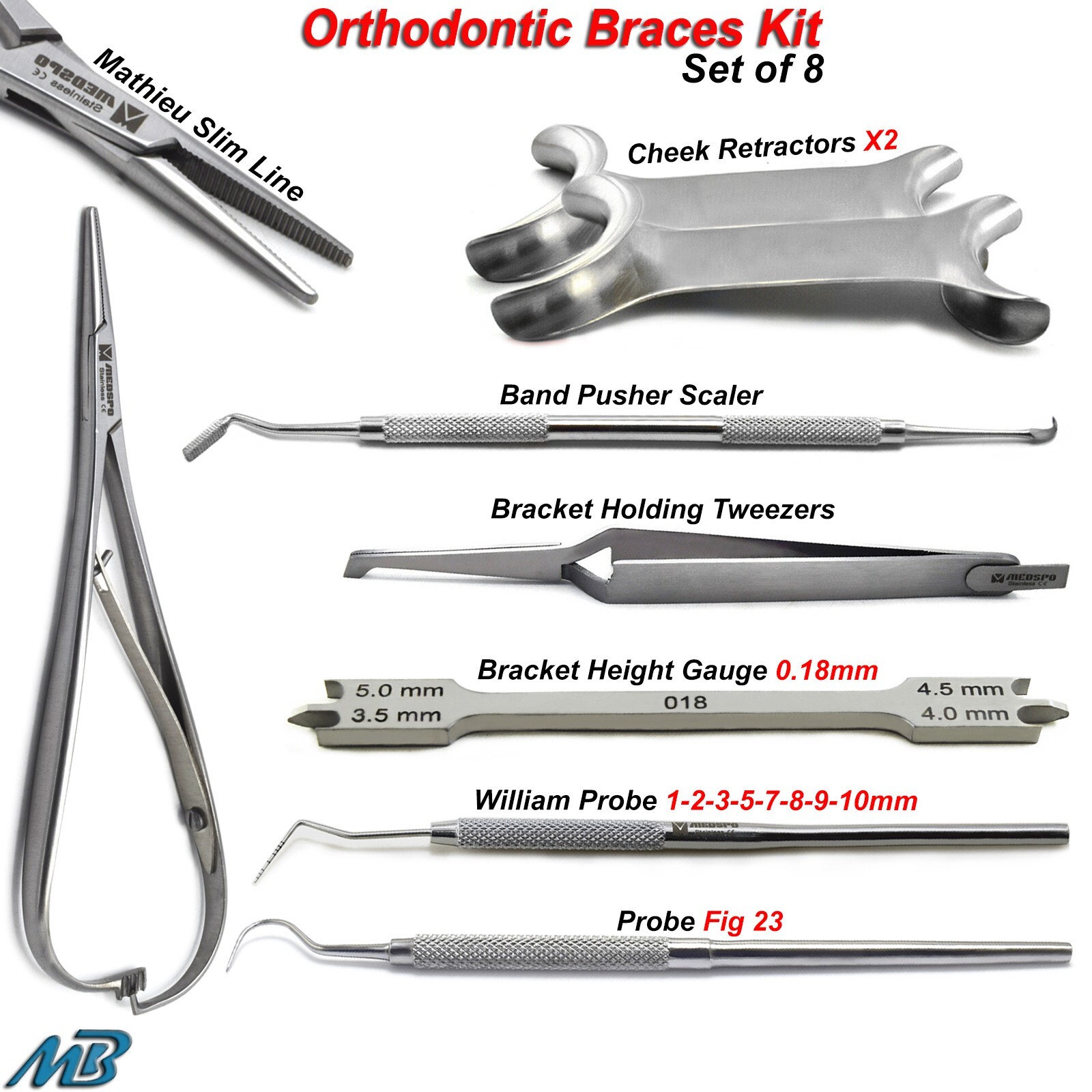 Orthodontic Kit Braces Adjusting Instruments Brackets Placing Holding Tools 8Pcs