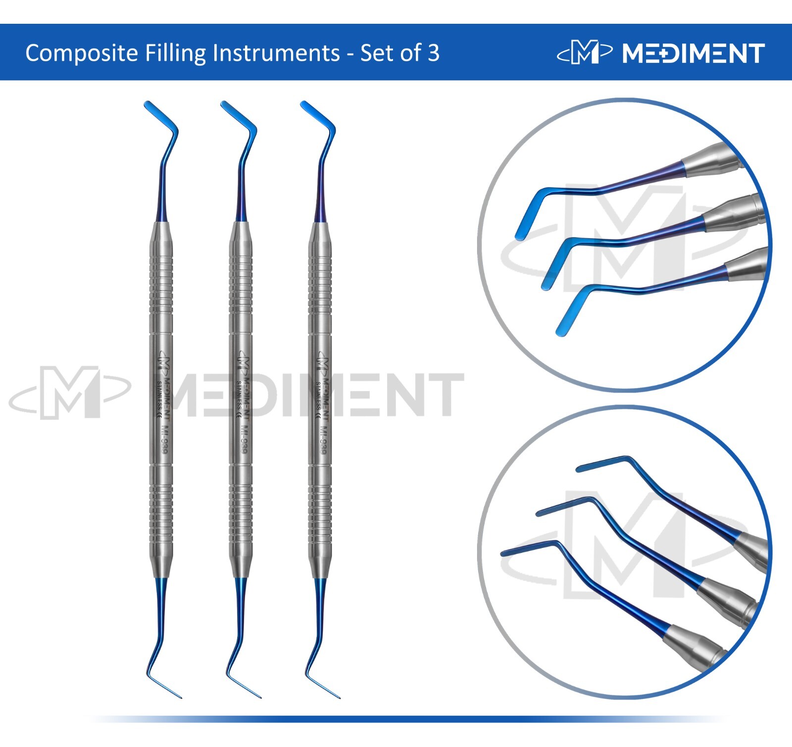 3 Pcs Dental Composite Filling Instrument Blue Titanium Coated Restorative Kit