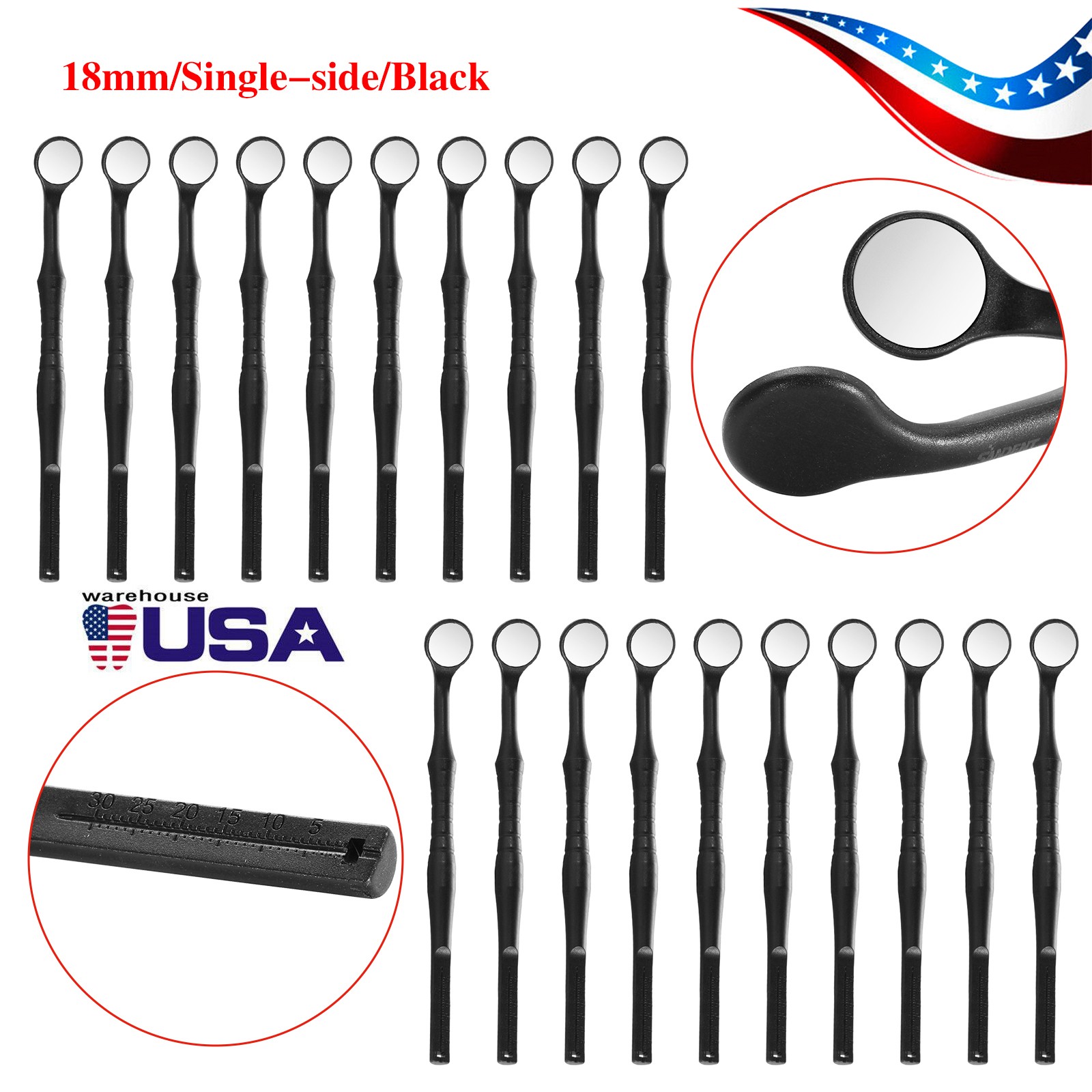 2*10pc Dental Mouth Mirror With Black 18mm Single Side Hand Exam Tool