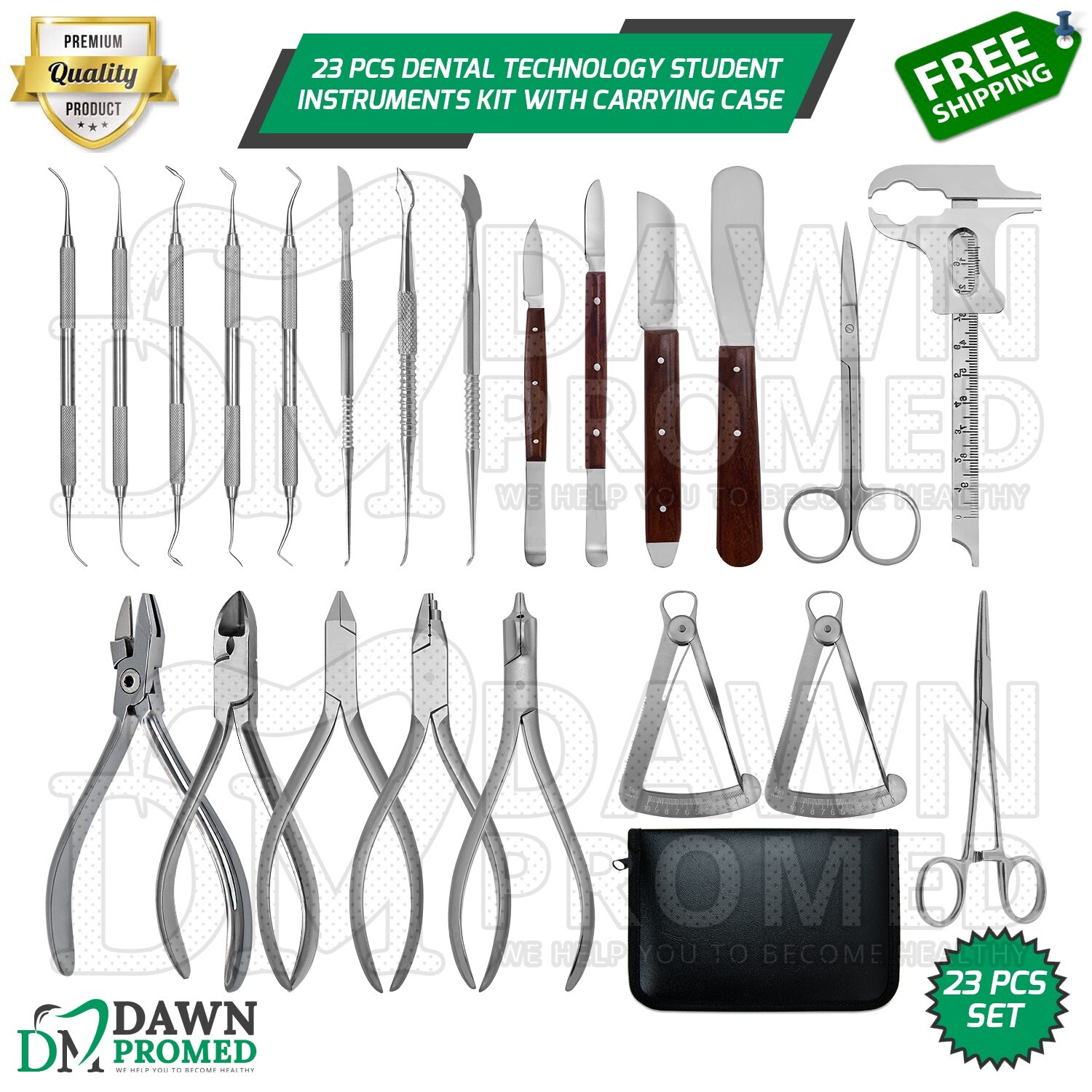 23 Pcs Dental Technology Student Instruments Kit With Carrying Case German Grade