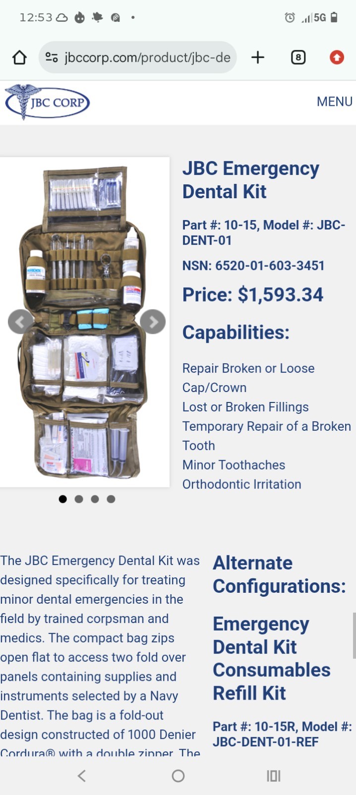 JBC Emergency Dental Kit Pouch, JBC-DENT-01 Model, MPN 10-15