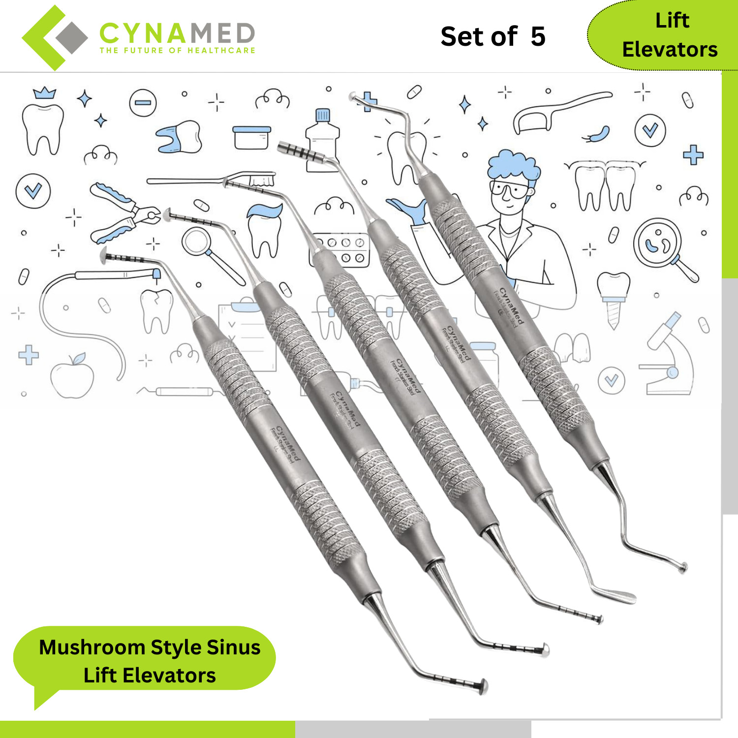 Cynamed Premium Mushroom Style Sinus Lift Elevators w/Smooth Handle Set of 5