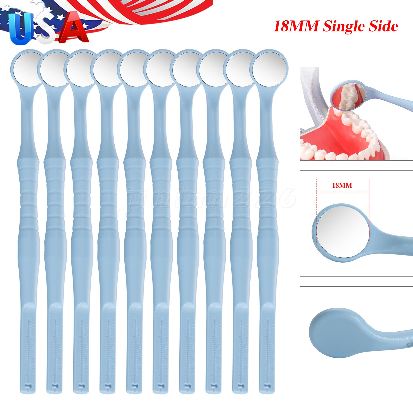 2*10pc Dental Mouth Mirror With Blue 18mm Single Side Hand Exam Tool
