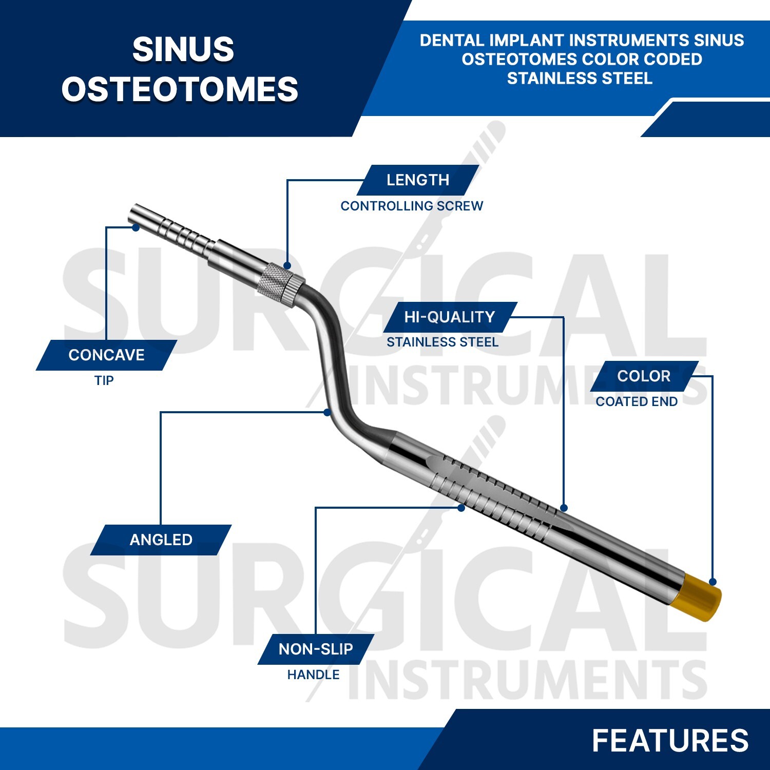 10 Pcs Sinus Lift Osteotomes Set Kit Dental Implant (Concave Tips) German Grade