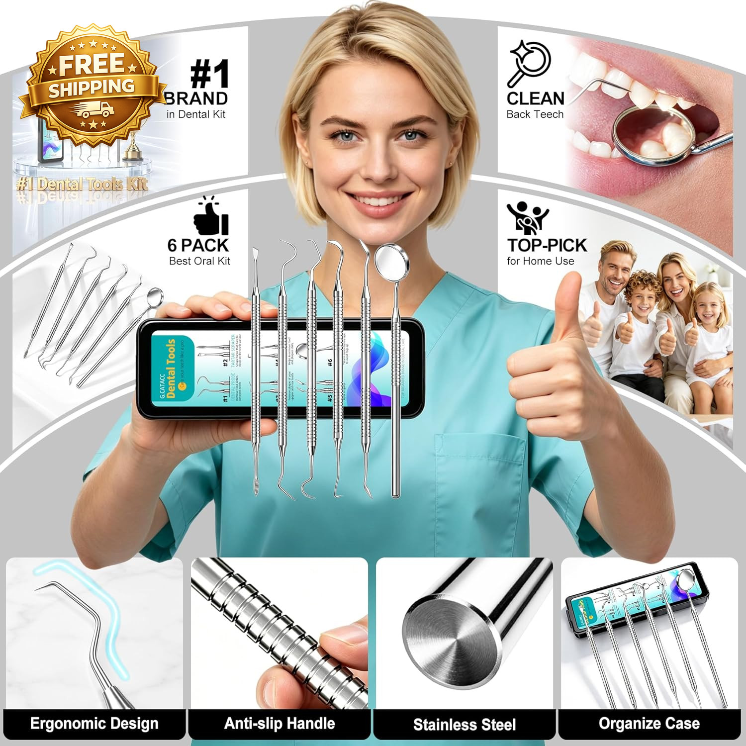 Dental Pick Tools Kit Tooth Scraper Plaque Tartar Remover 6-In-1 Stainless Steel