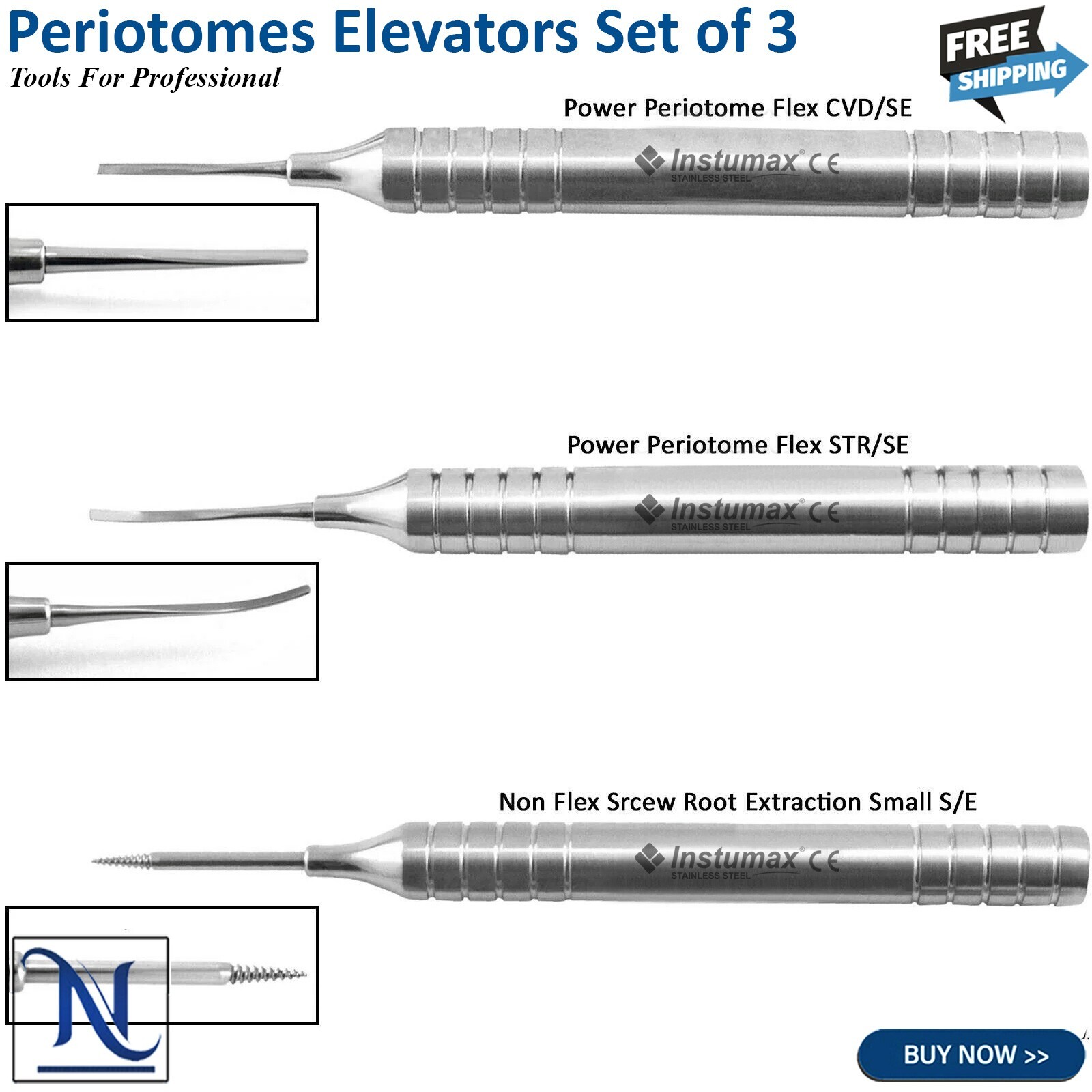 Set Of 3 Flex Periotome Loosen Tooth Extraction Elevators Surgical Instruments