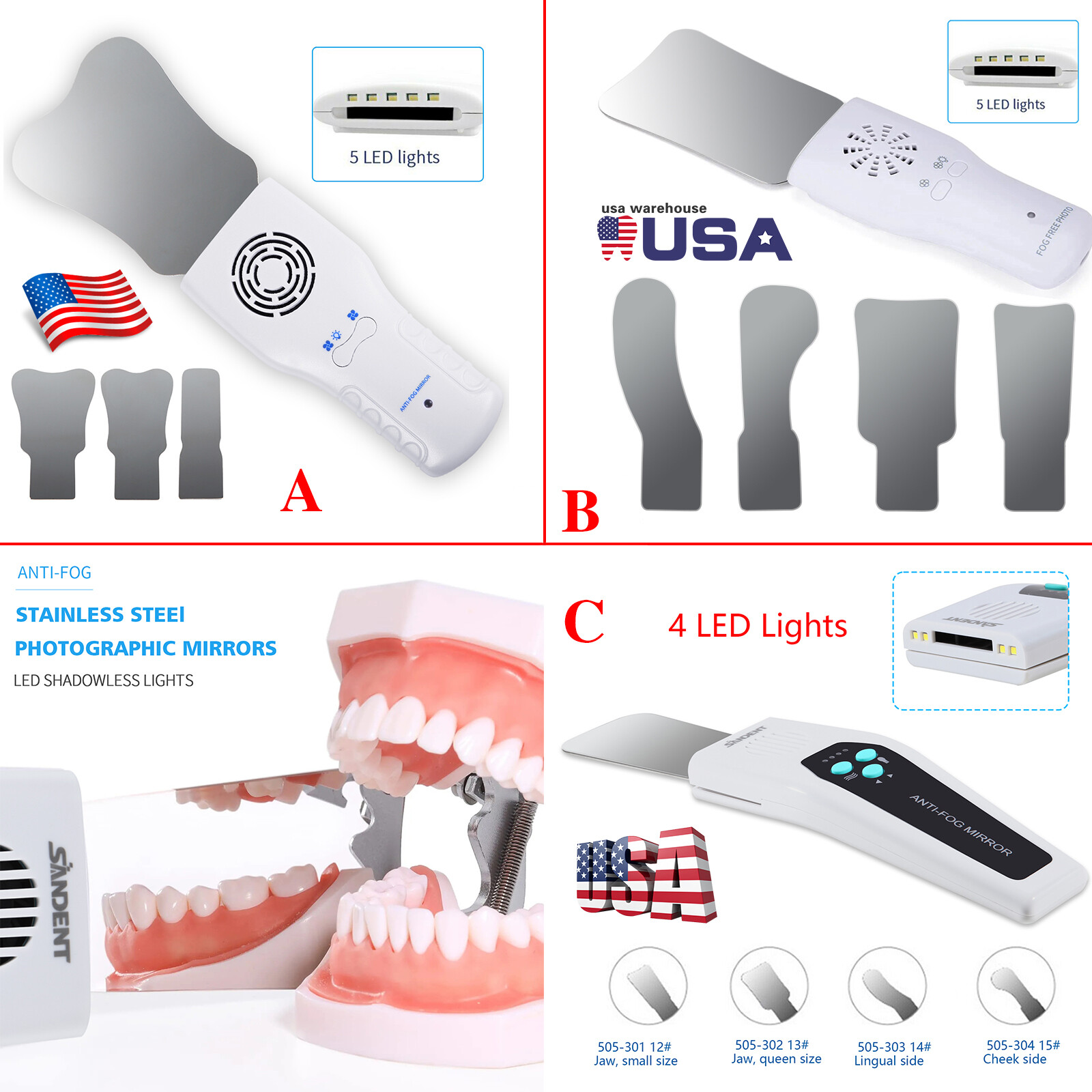 Dental Anti-fog Mirrors Photography Reflector Photo Mirror LED 10 Mouth Mirrors