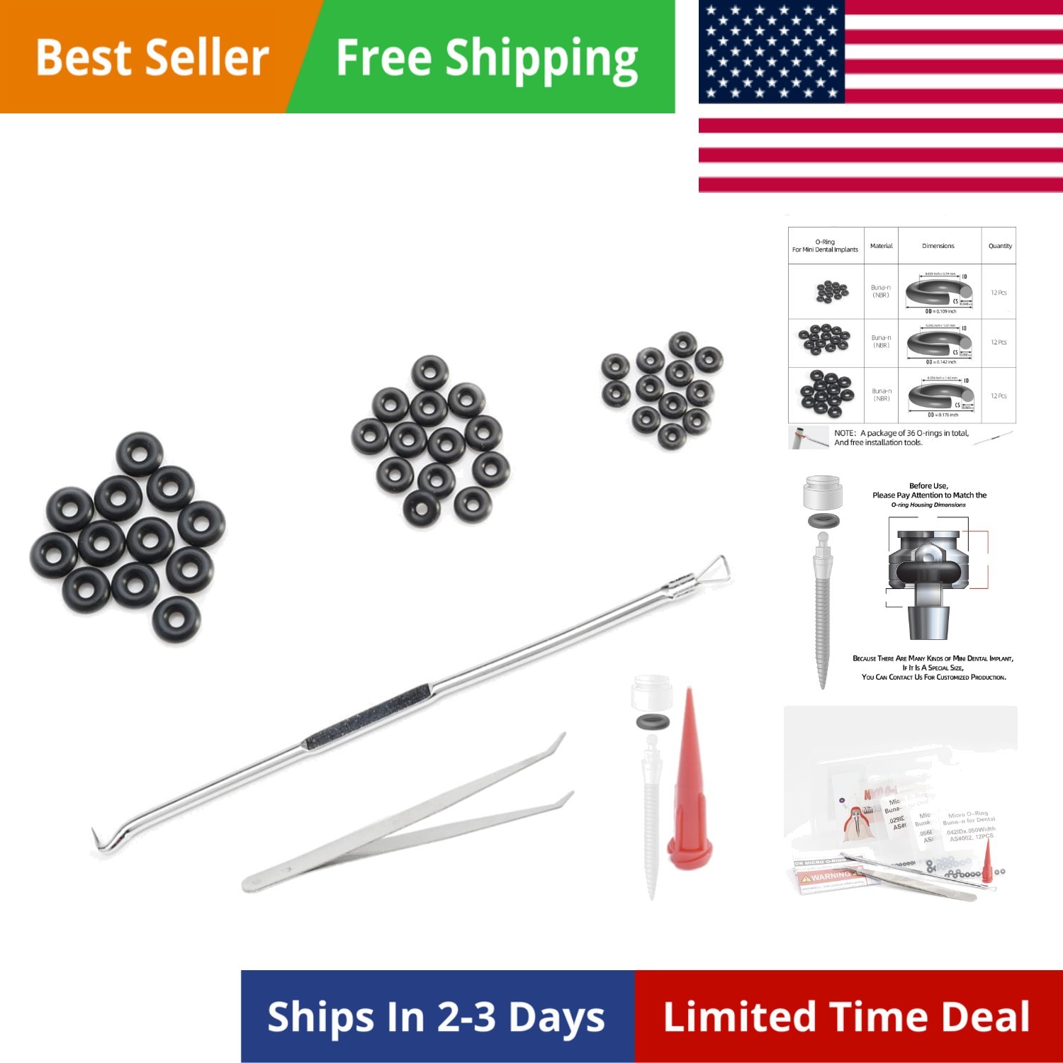 Buna-N O-Ring Tool Kit for Mini Dental Implant Replacement, 3 Sizes