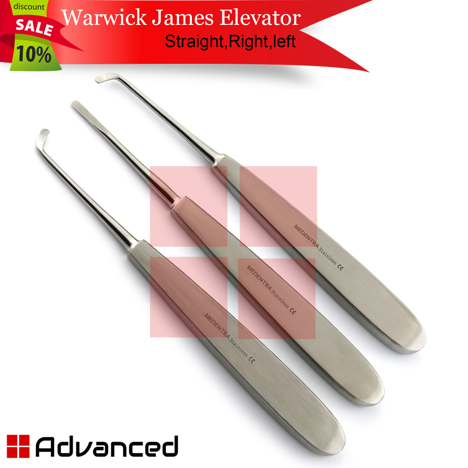 3Pcs Warwick James Elevators Kit Surgical Tooth Extraction Luxation Instruments