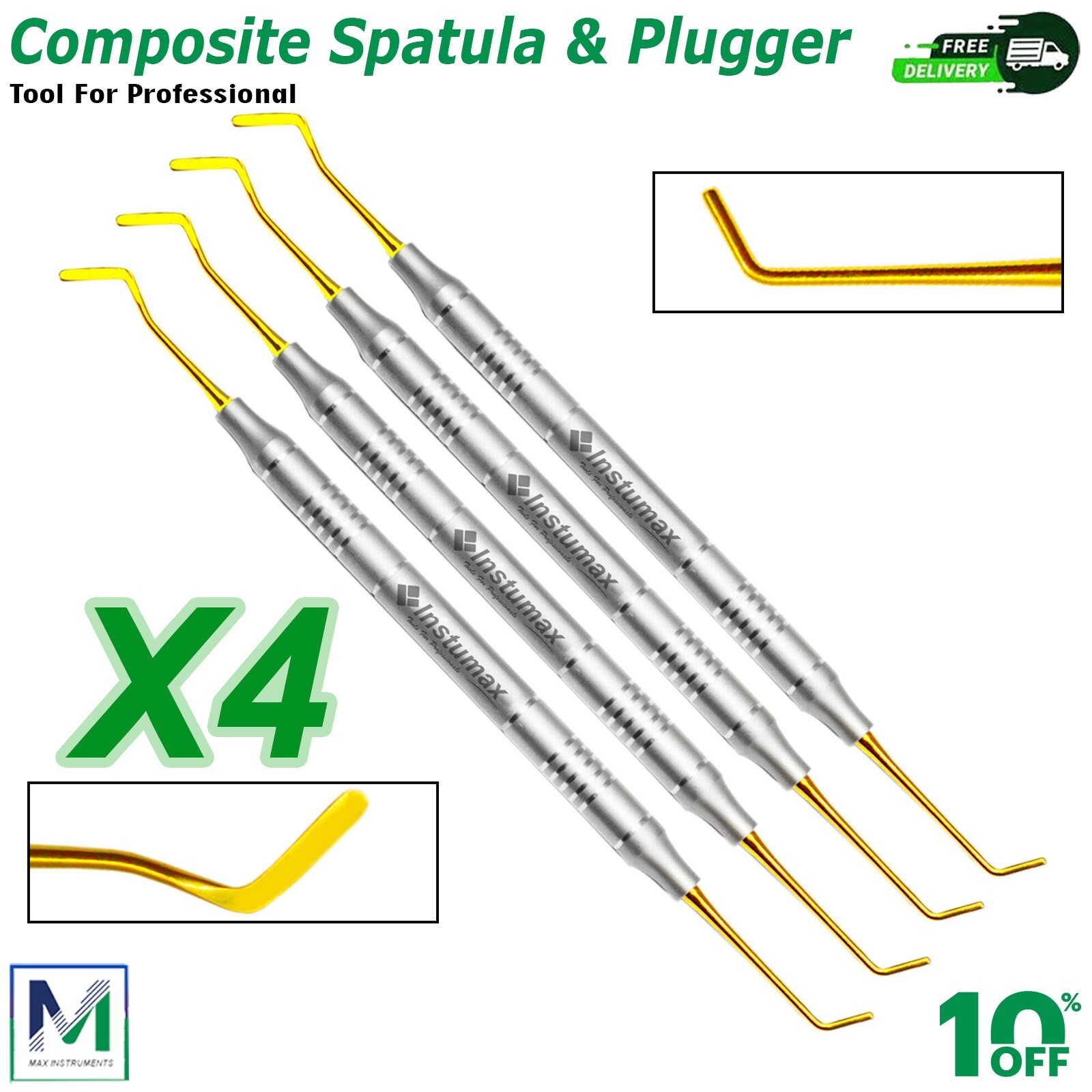 Set Of 4 Dental Composite Filling Instruments Spatula & Plugger Gold tip