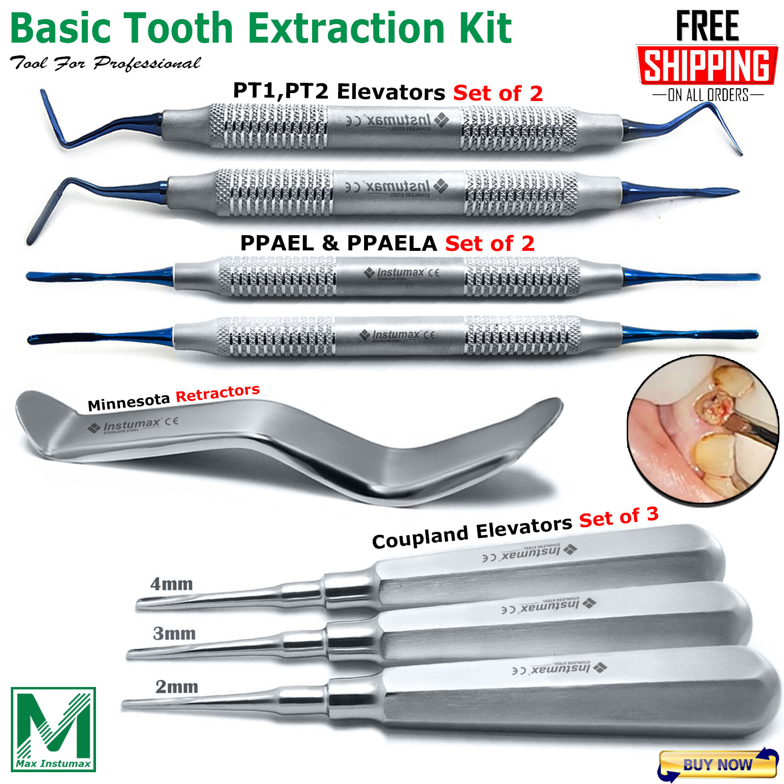 Basic Tooth Extraction Kit Coupland PT1-PT2 ppeale Dental Extracting Elevators