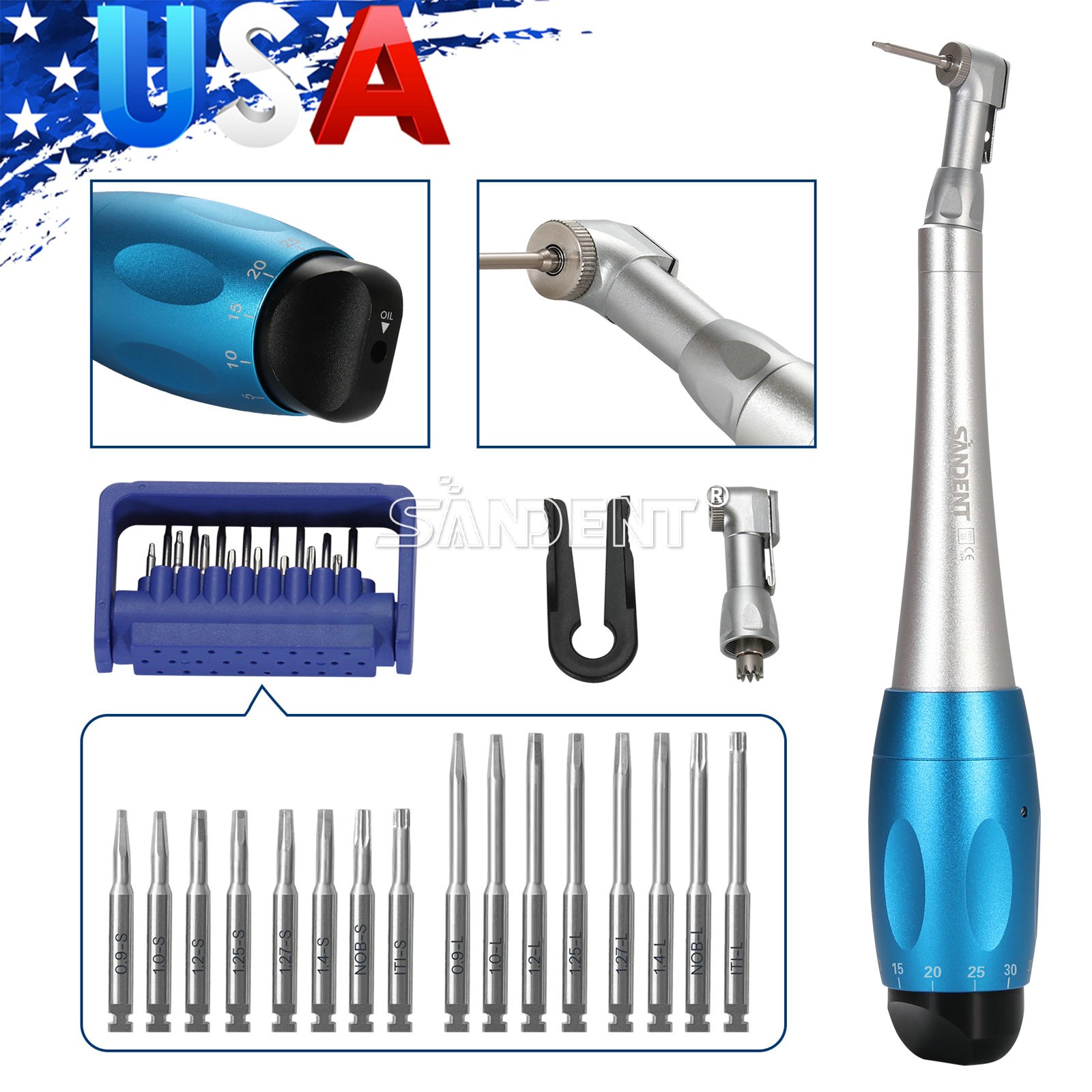 Universal Dental Implant Kit Torque Wrench Contra Angle & 16pcs Drivers Blue
