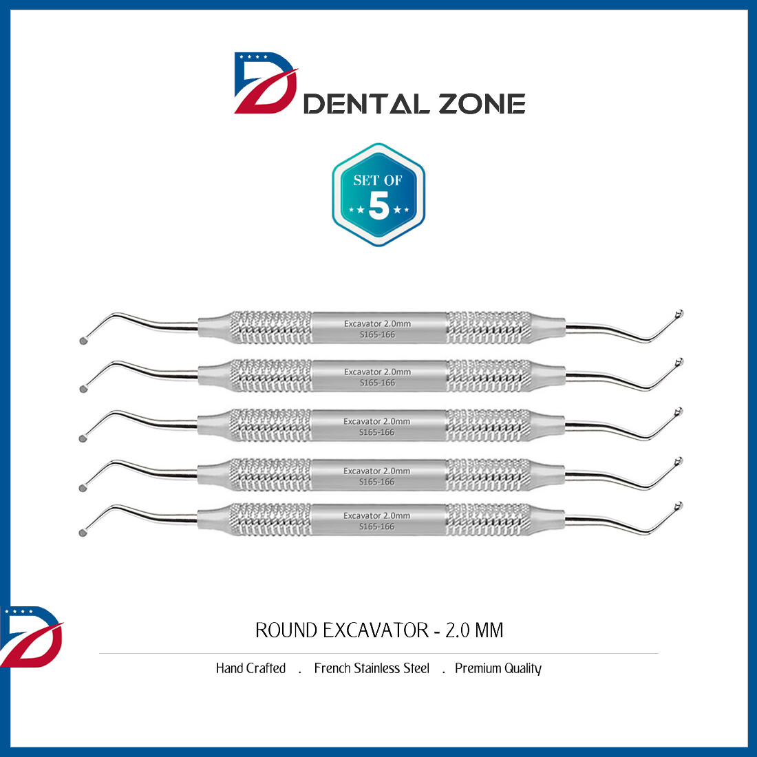 *SET OF 5 * EXCAVATOR ROUND 2.0MM DOUBLE ENDED DENTAL HAND INSTRUMENTS *CE*