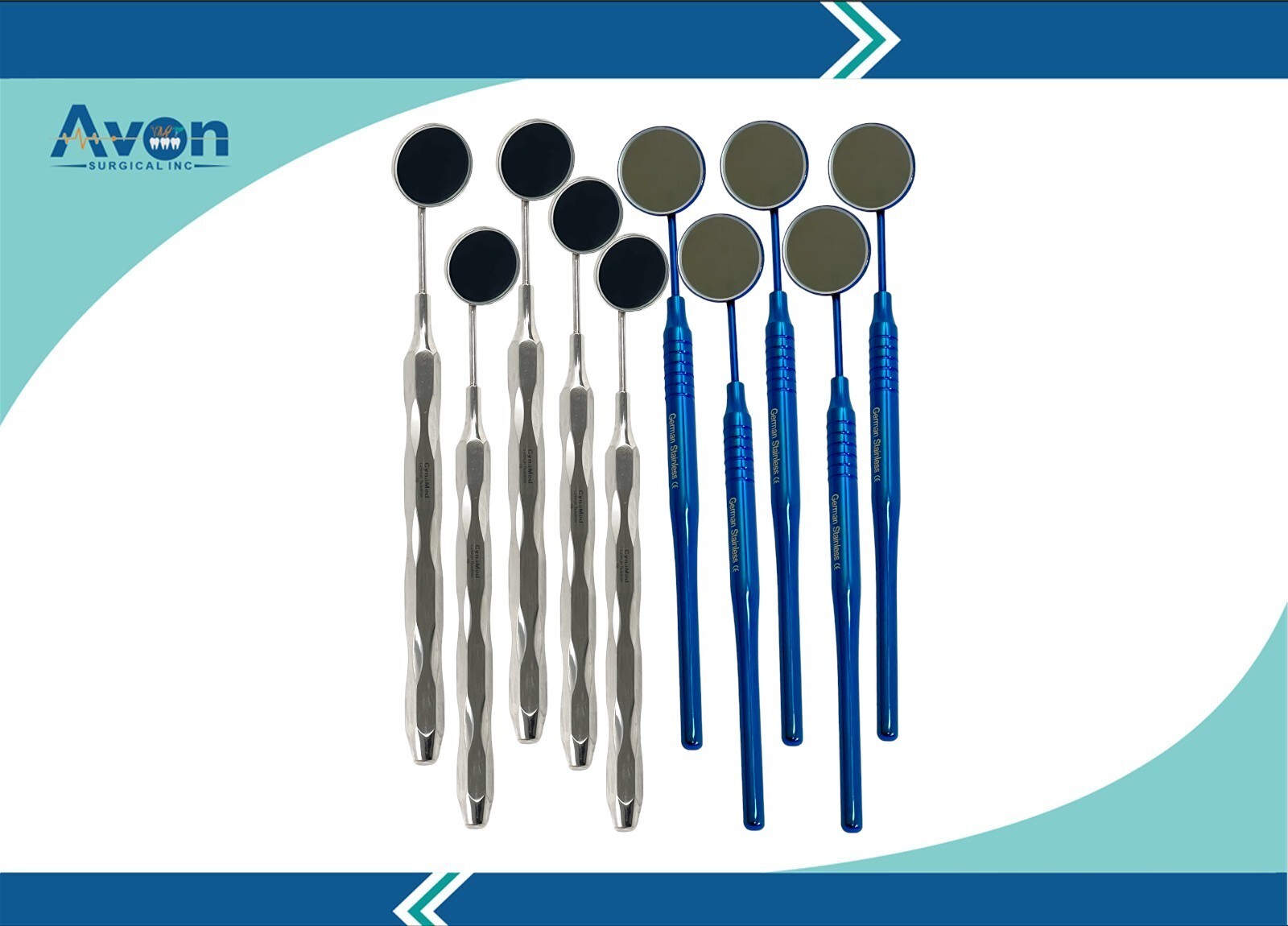 10 EA – Dental Examination Mirrors #5 Silver Hollow & Blue Titanium – Premium