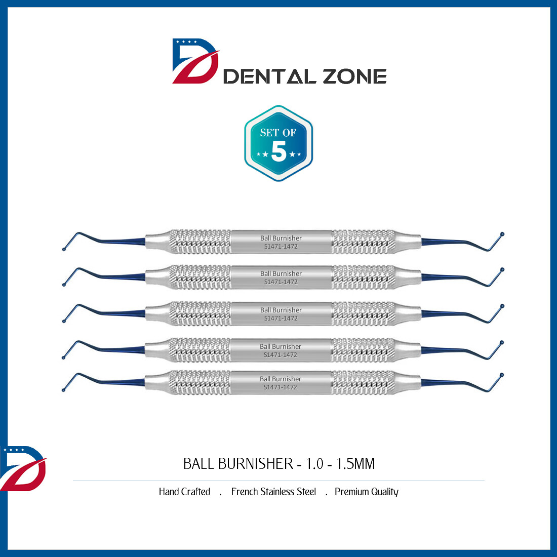*SET OF 5* BALL BURNISHERS 1.0-1.5 MM DENTAL INSTRUMENTS HAND TOOL TITANIUM *CE*