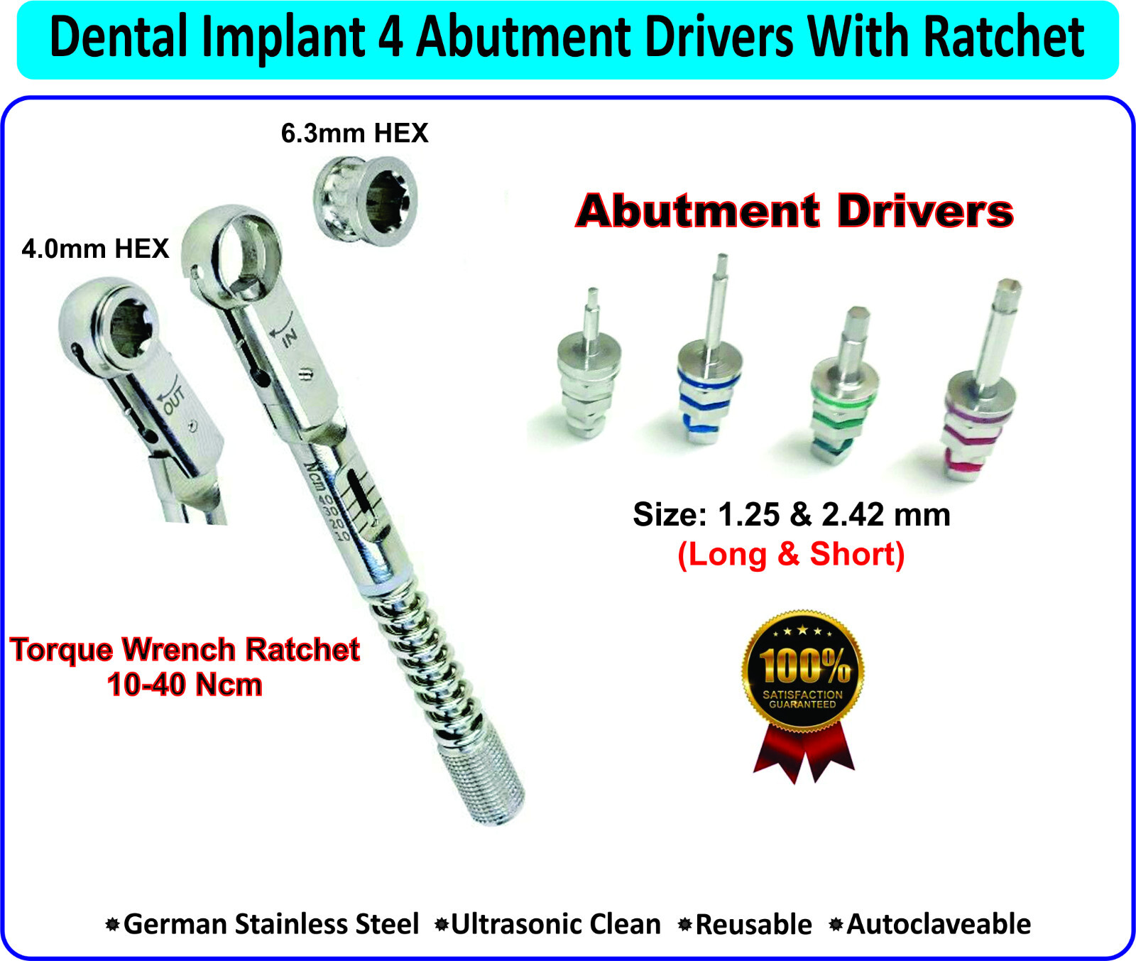 Dental Implant Torque Wrench Ratchet 10-40, 10-70 Ncm Hex 1.25 and 2.42 Drivers