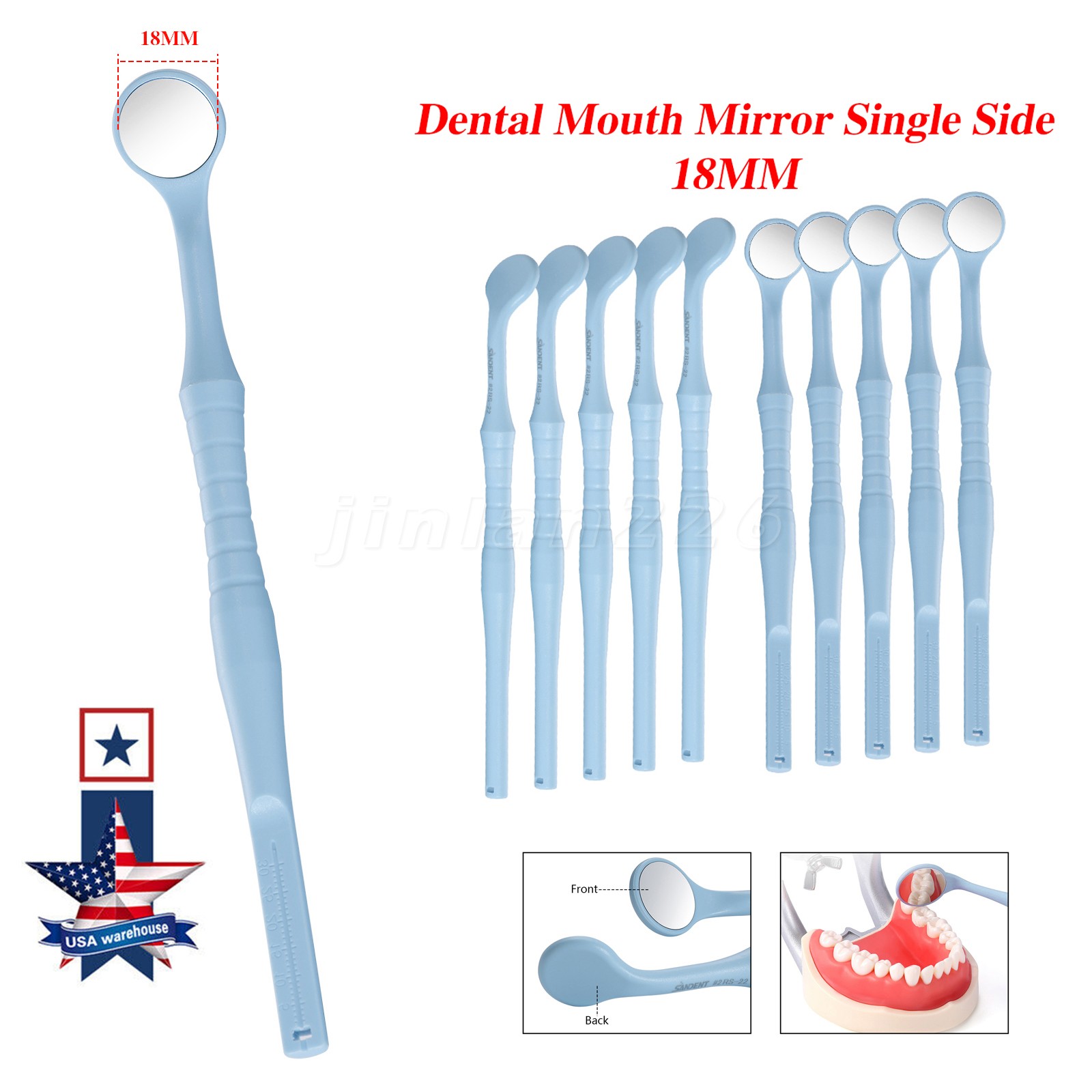 2*10pc Dental Mouth Mirror With Blue 18mm Single Side Hand Exam Tool