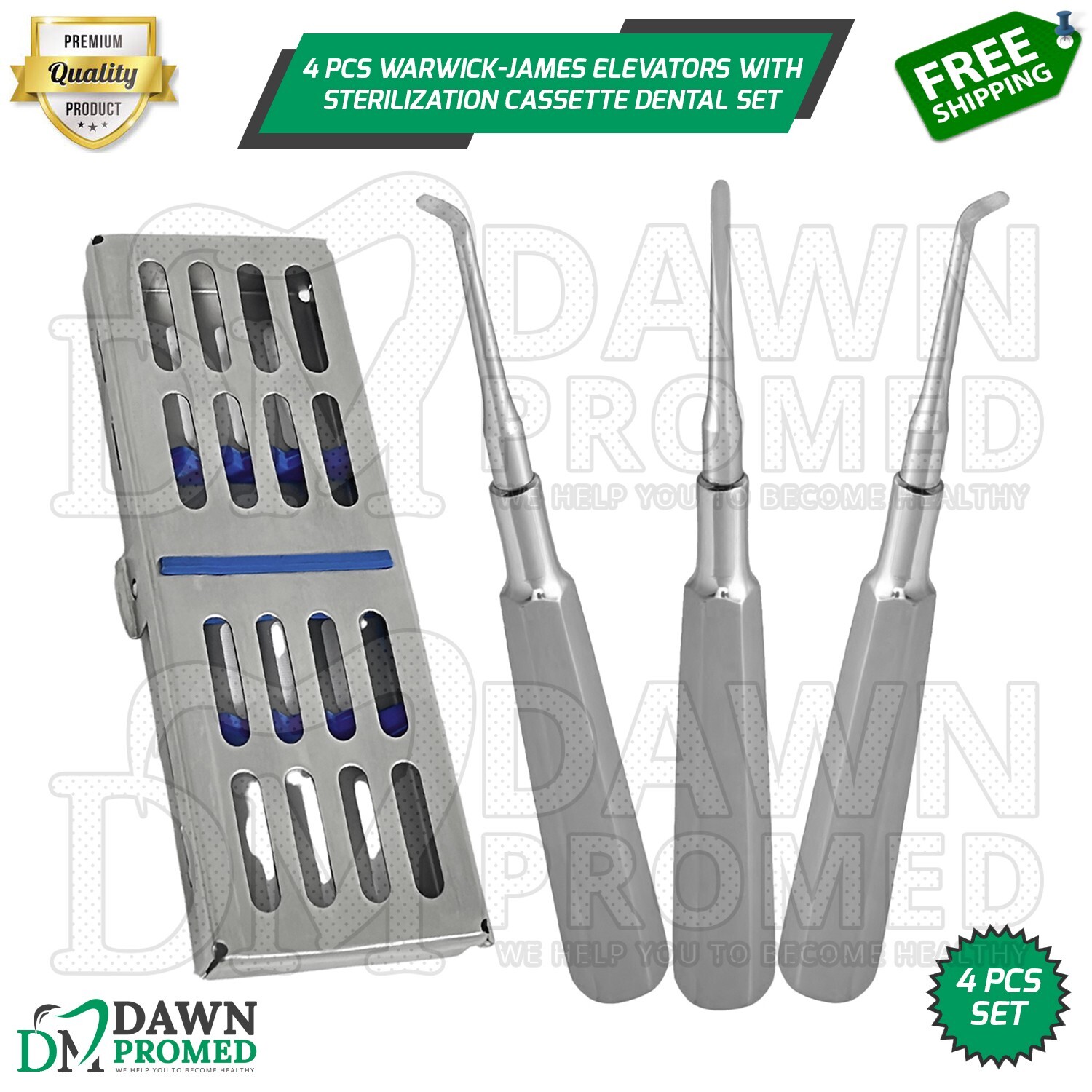 4 Pcs Warwick-James Elevators With Sterilization Cassette Dental Instruments Set