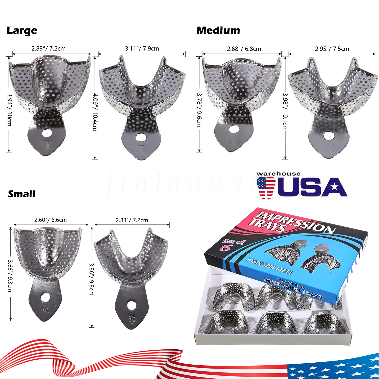 6 Metal Dental Impression Trays Perforated Upper & Lower Endo Instruments