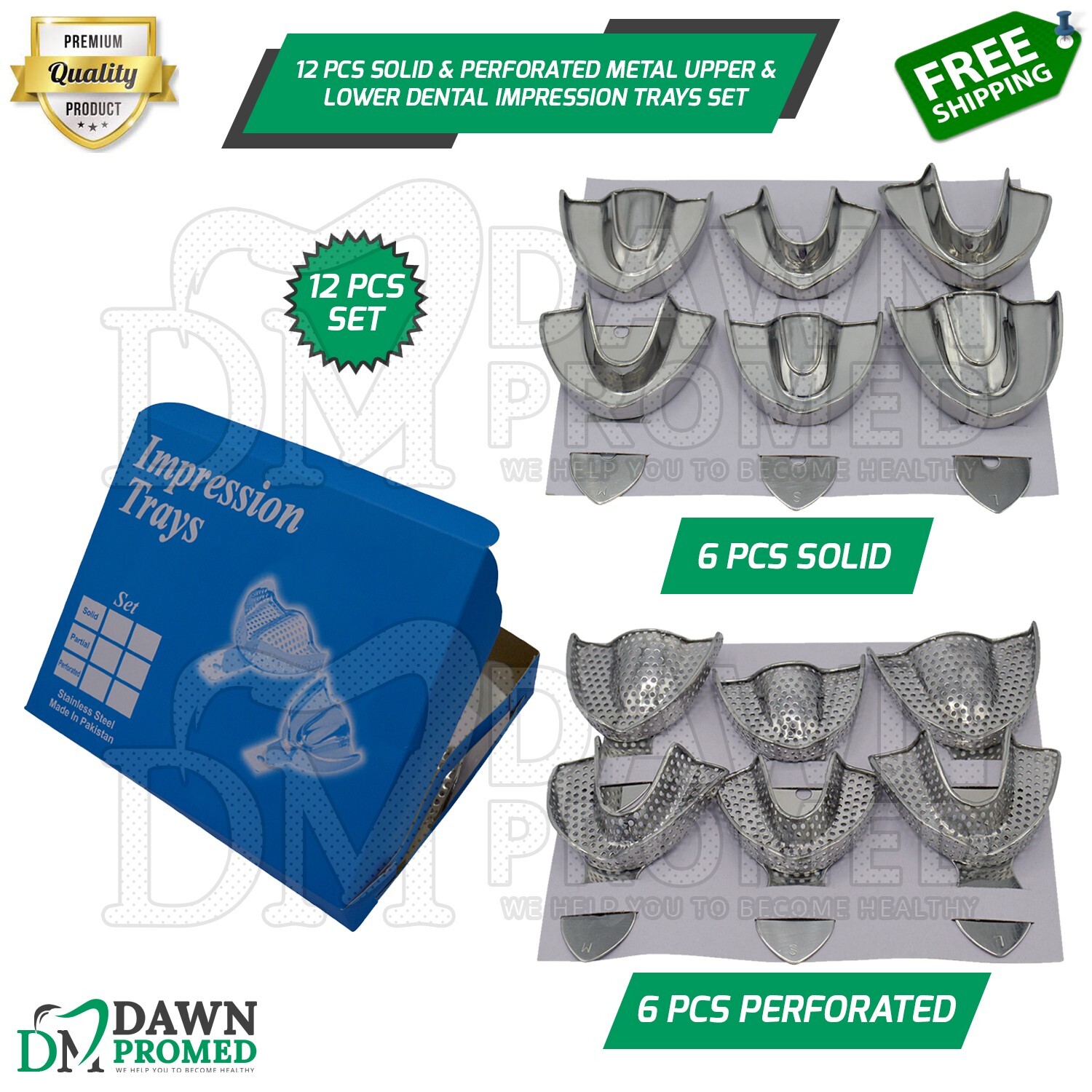 12 Pcs Solid & Perforated Metal Upper & Lower Dental Impression Trays Set