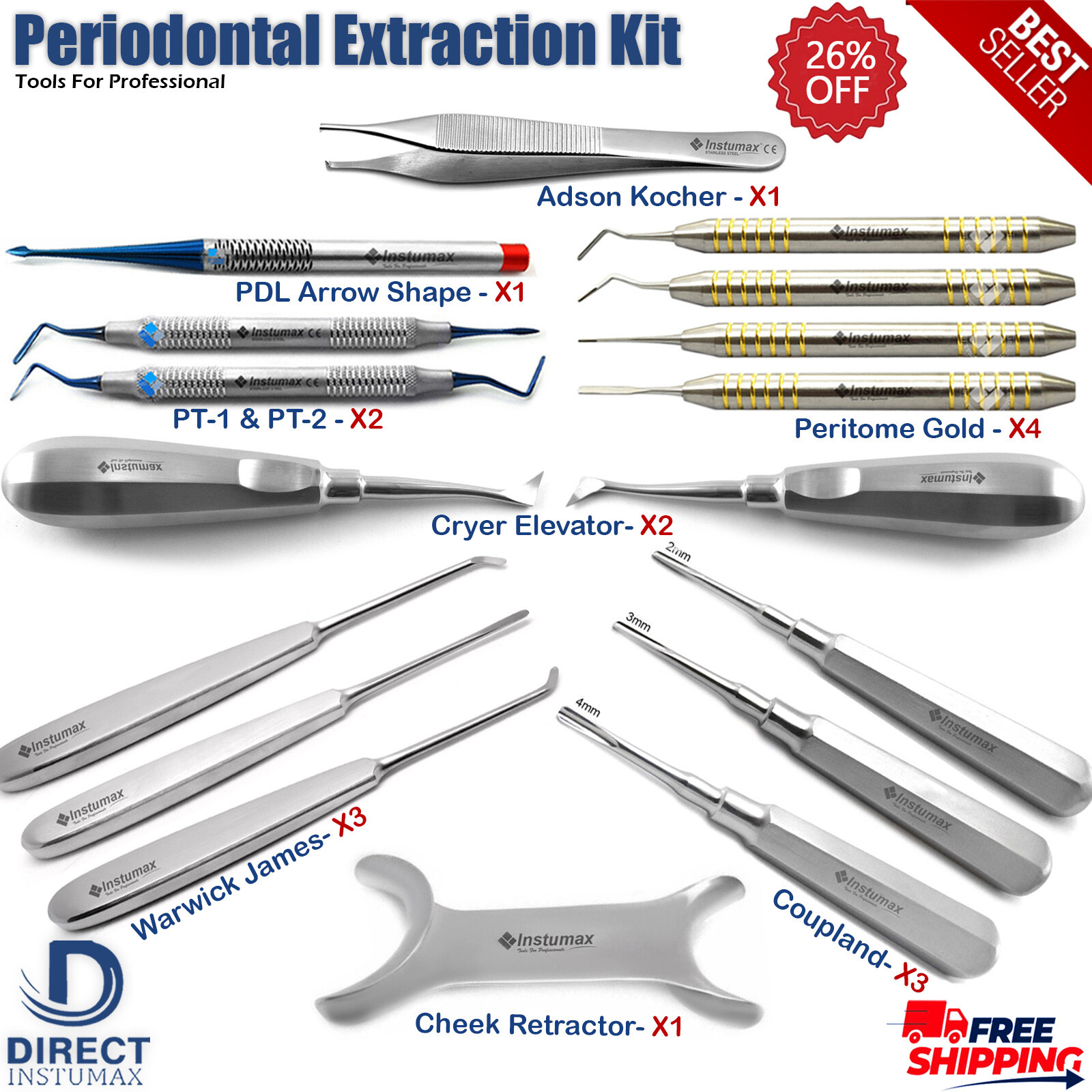 Dental Tooth Extraction Instruments Kit Periodontal Oral Surgery Elevators