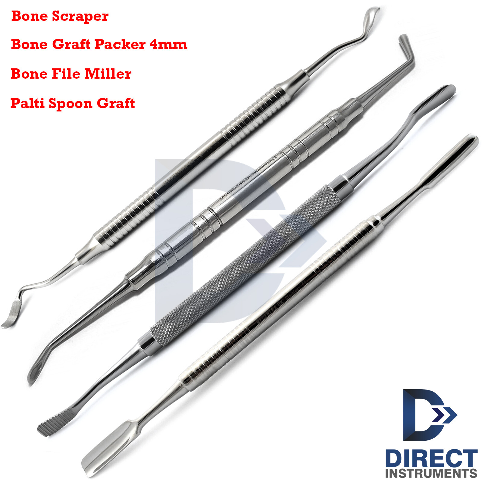 4Pc Dental Bone Graft Packer Scraper Bone File Miller Palti Spoon Implant Scaler