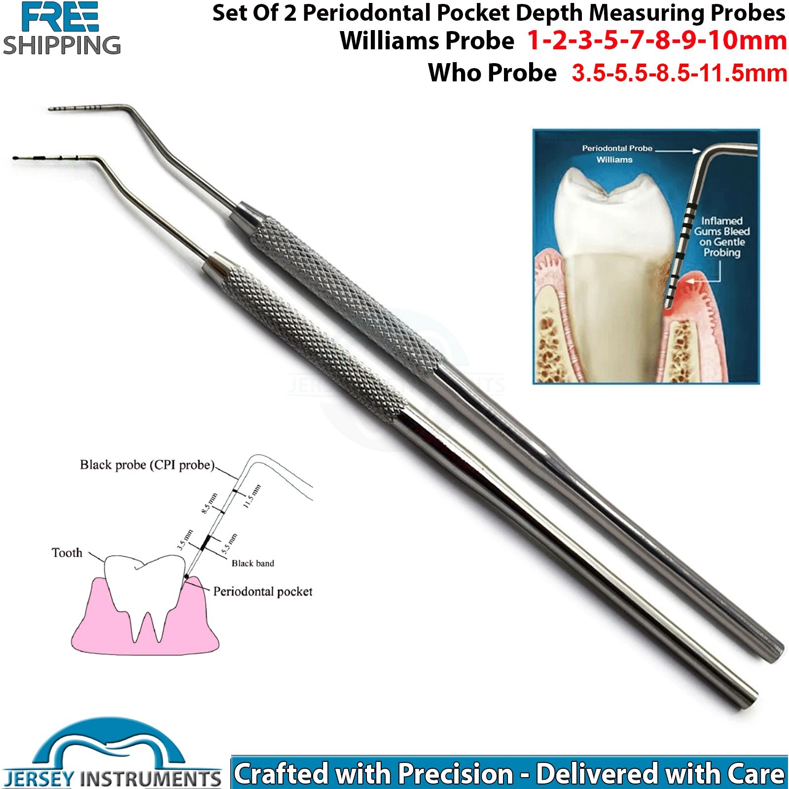Set of 2 Periodontal Probes Williams & WHO Dental Pocket Measuring Instruments