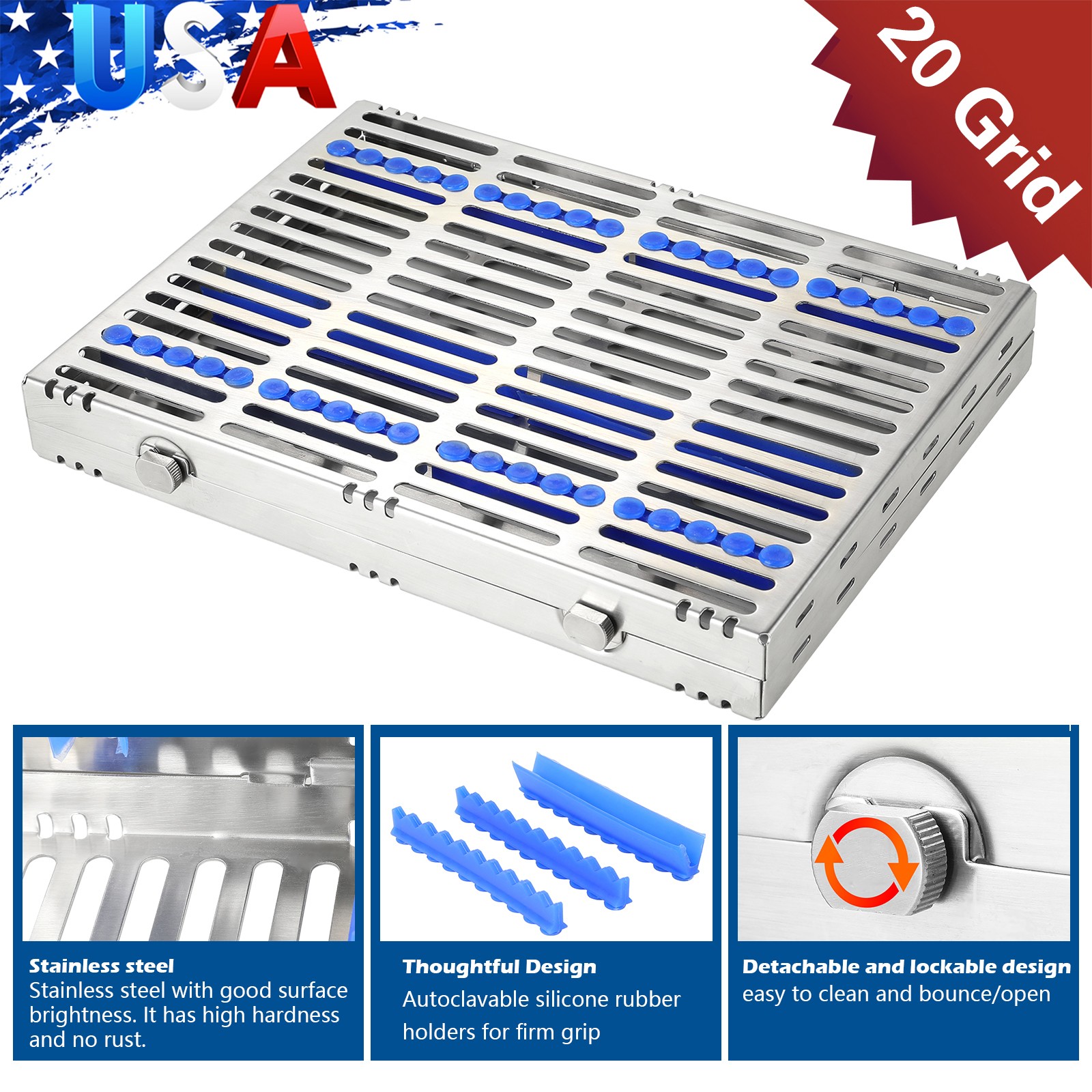 DENTAL AUTOCLAVE STERILIZATION CASSETTE RACK BOX TRAY FOR 20 INSTRUMENT USA