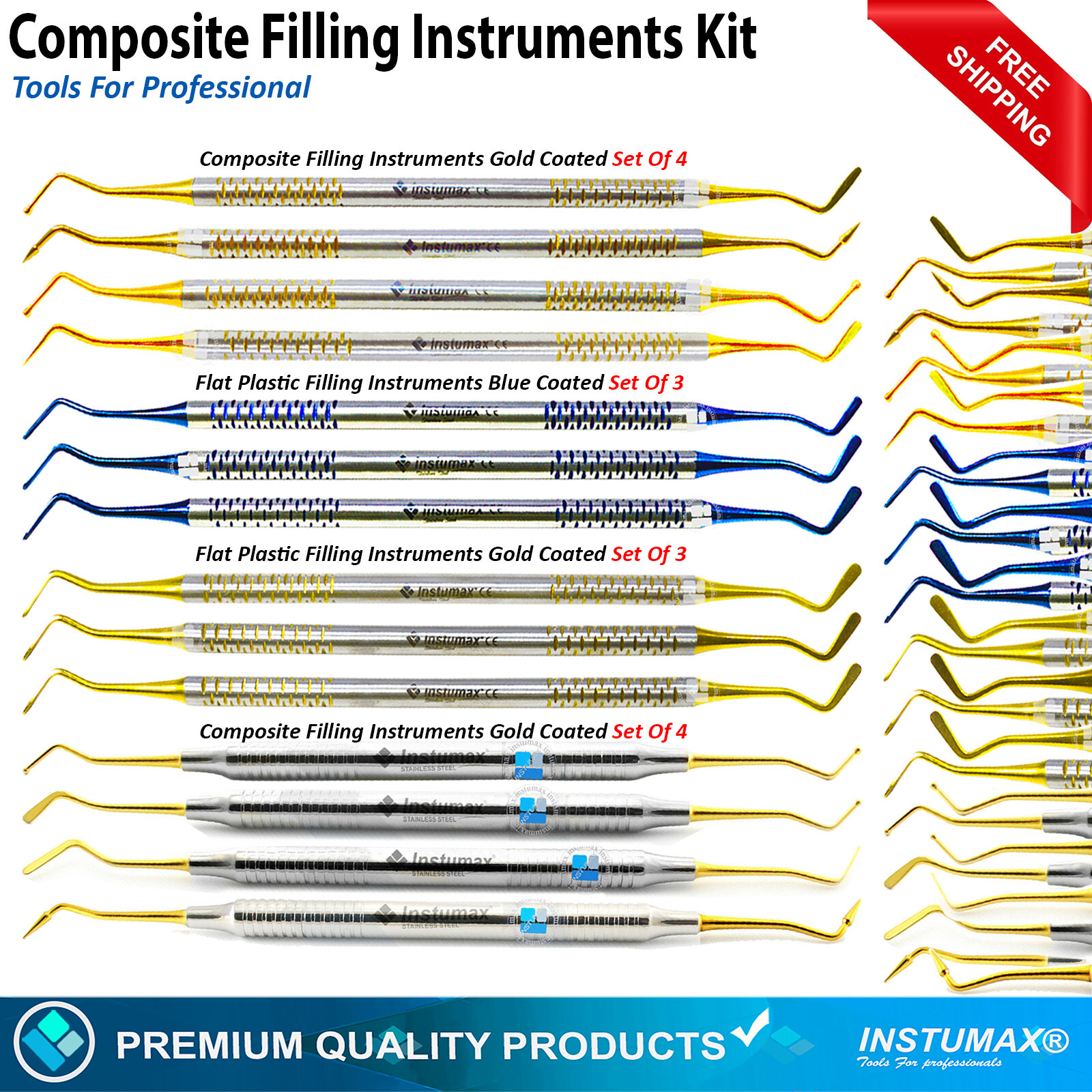 Dental Filling Composite Instruments Plugger Flat Plastic Gold Tip Range of Pro