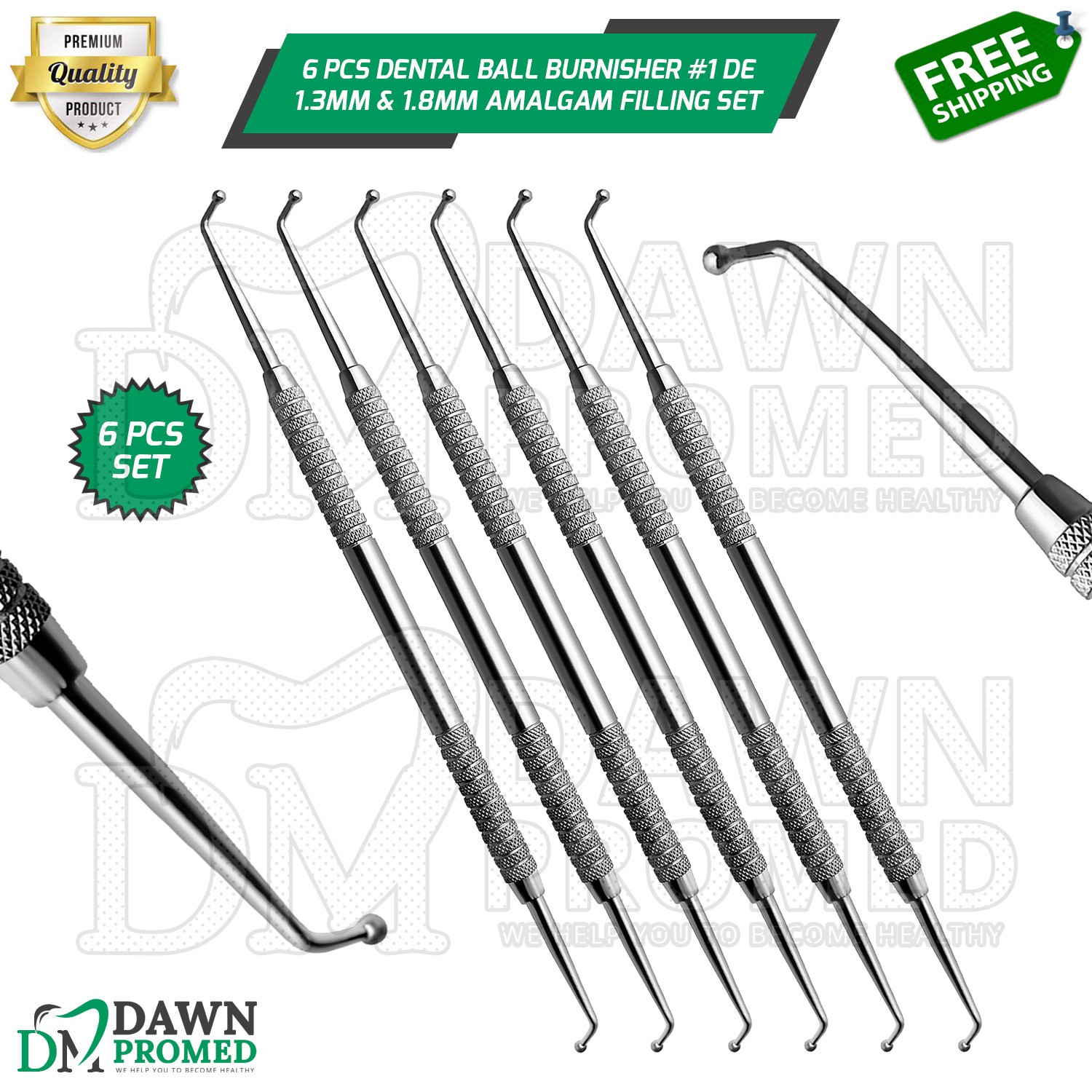 6 Pcs Dental Ball Burnisher 1 Double Ended 1.3mm & 1.8mm Amalgam Filling Set