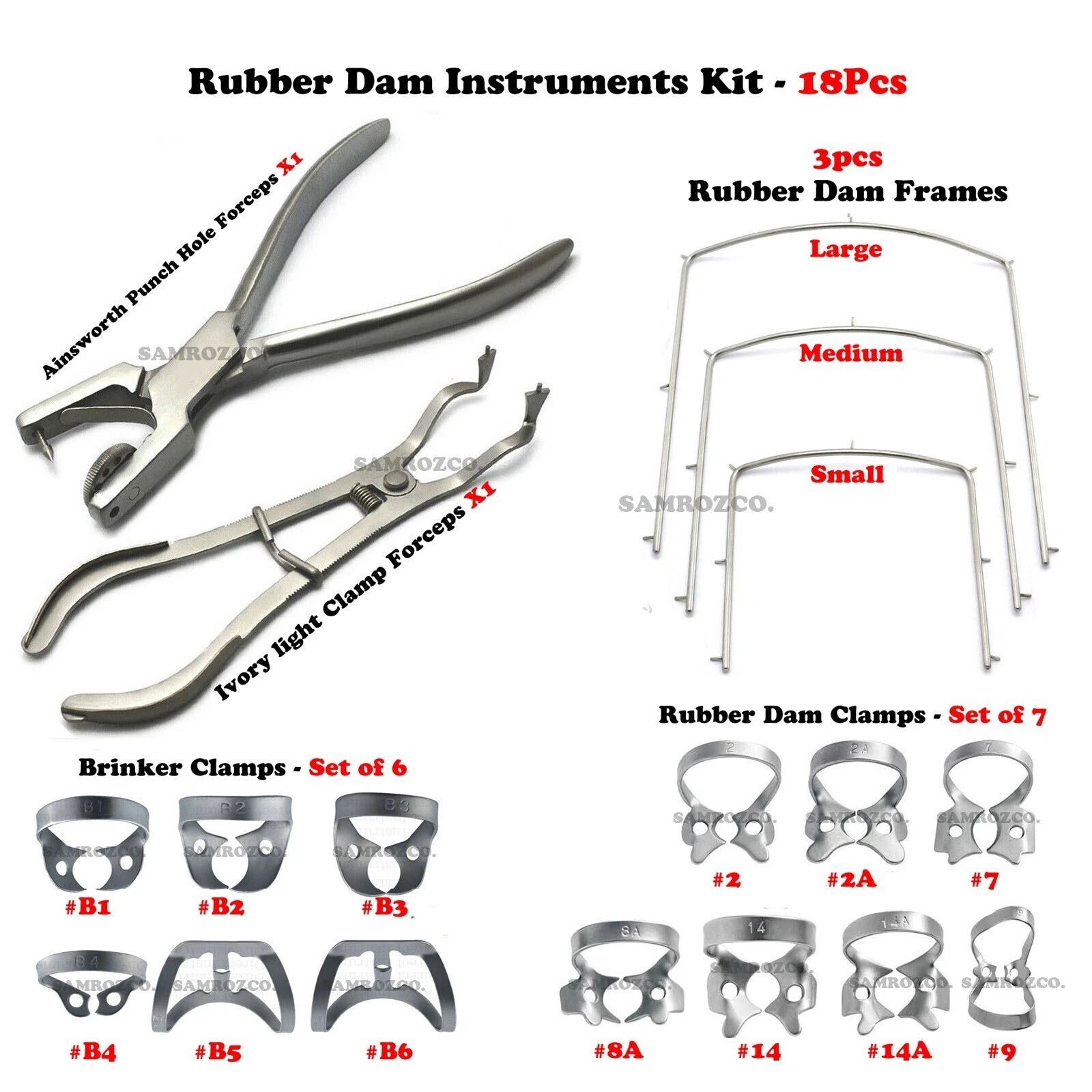 18 Pcs Rubber Dam Starter Set Kit with Frame Punch Clamps Dental Instruments