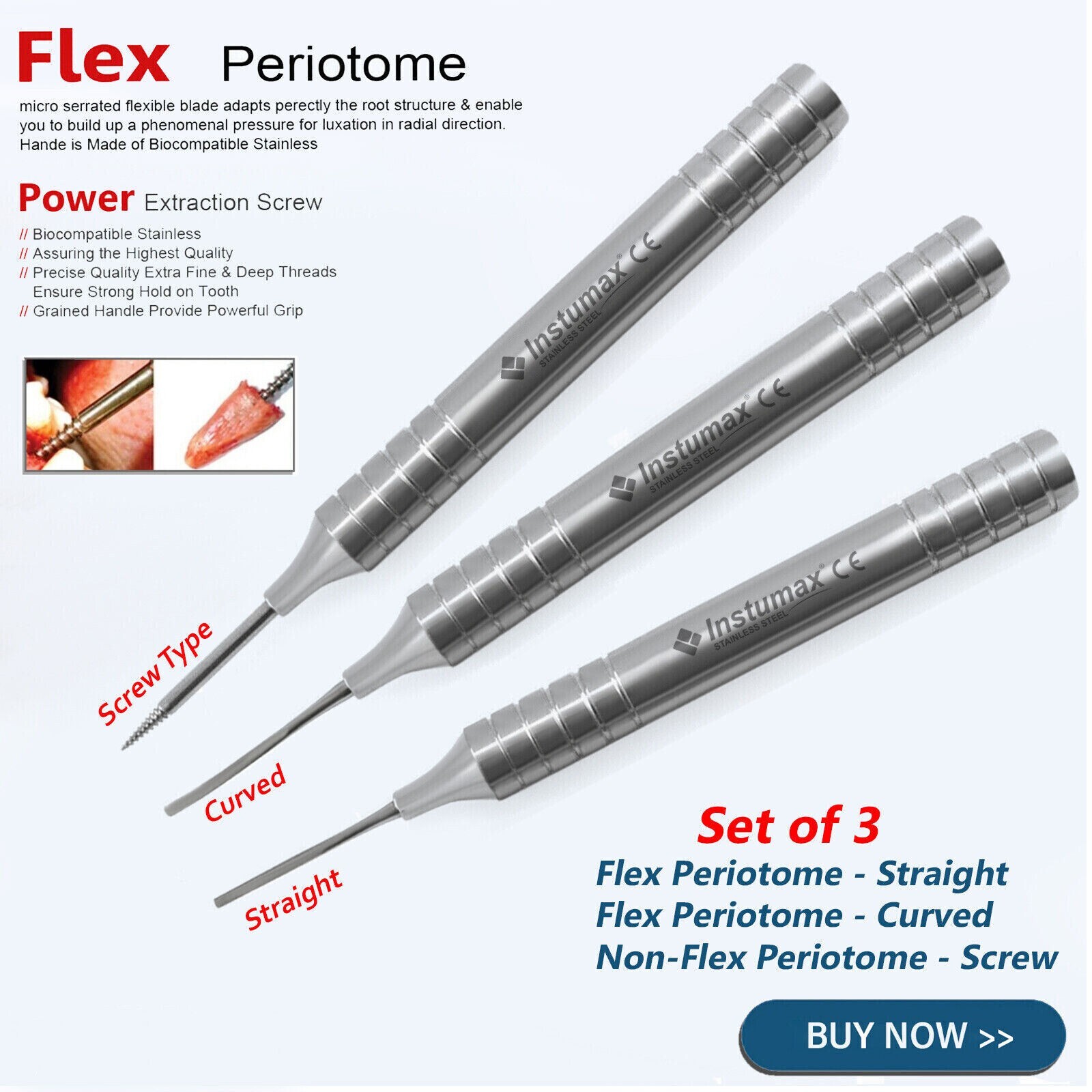 3 Pcs Dental Flex Periotome Set Extraction Screw kit Periodontal Dental Multi