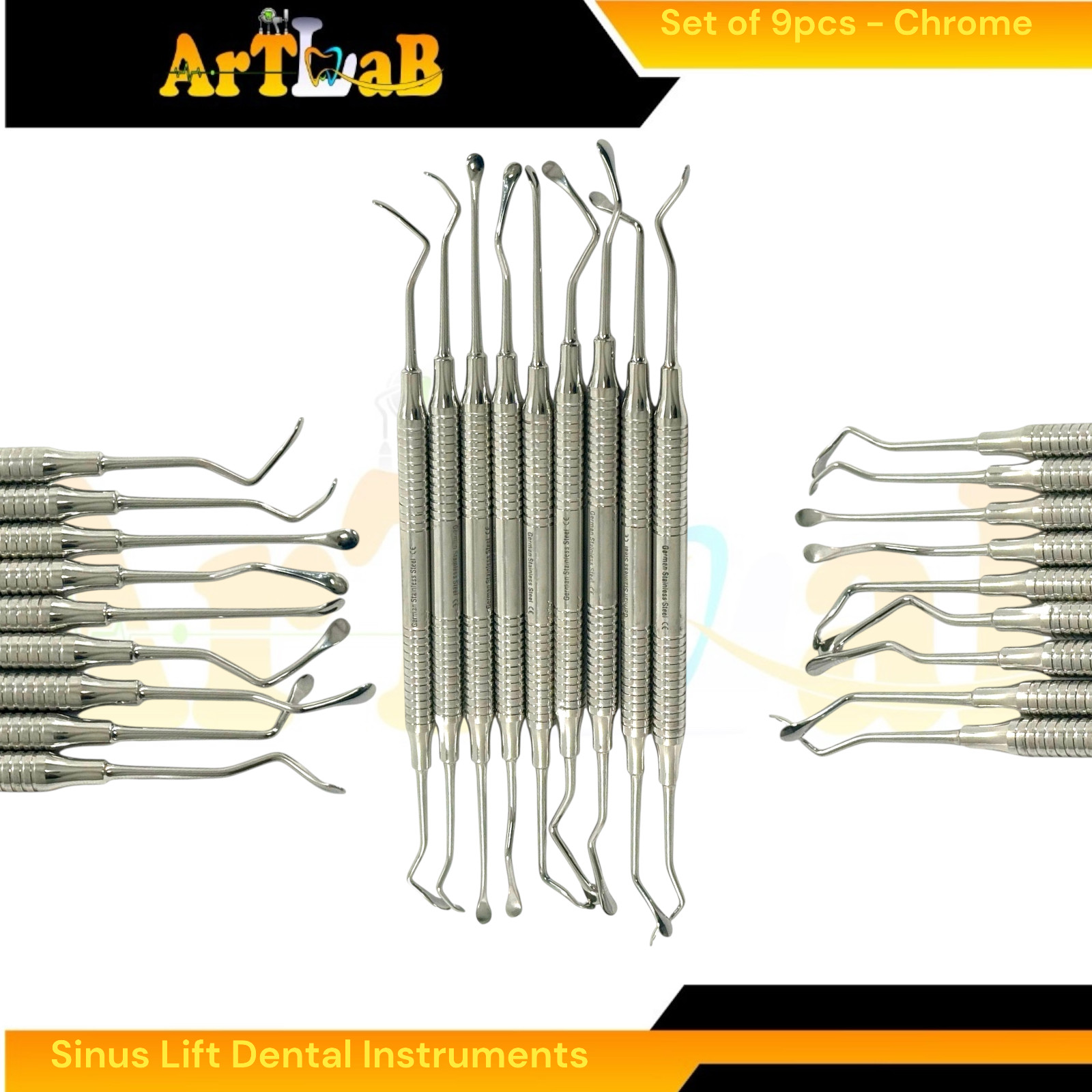 Set of 9pcs Dental Sinus Lift Implant Curettes Scaler Tools Double-Ended, Chrome