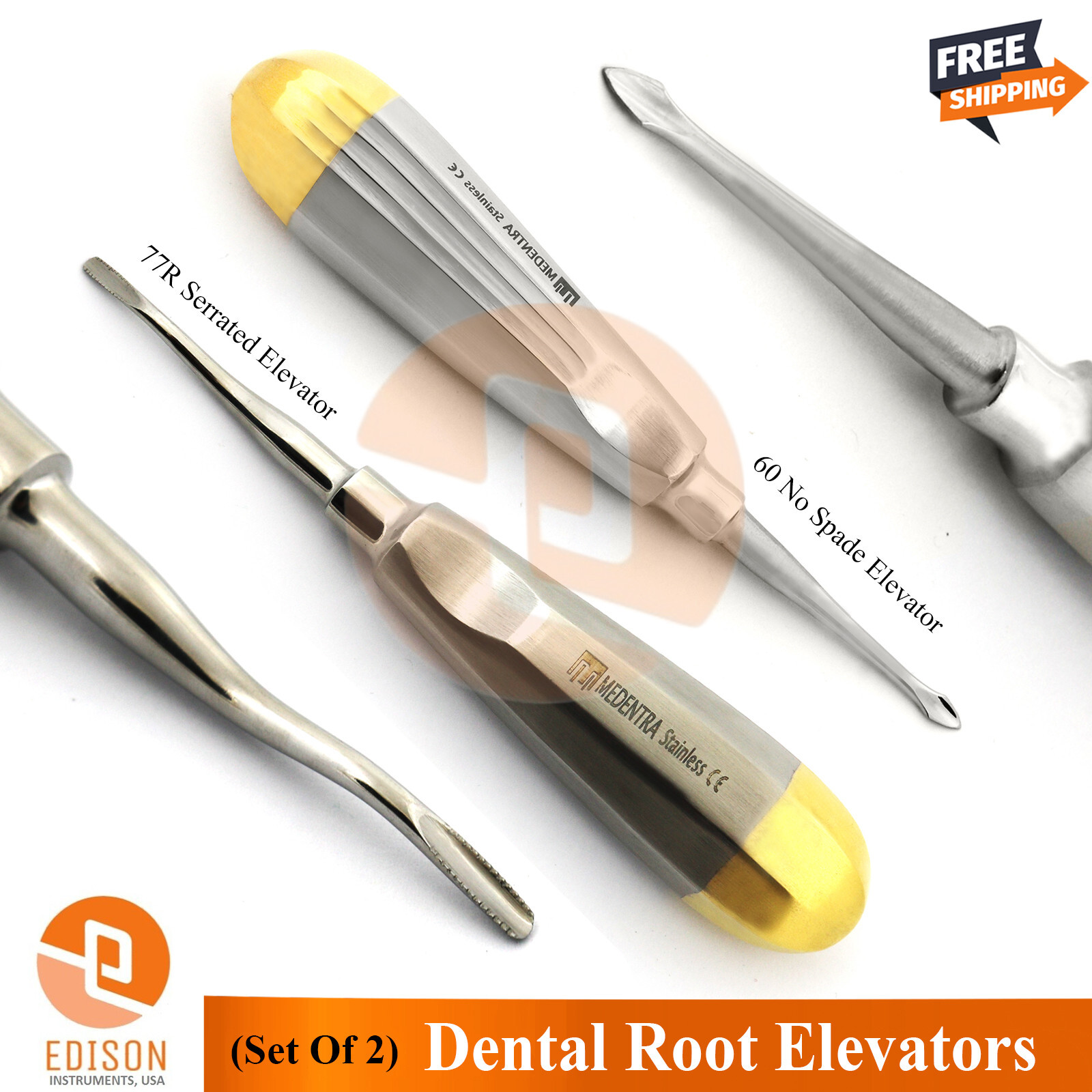 2Pcs Dental Tooth Extracting Root Elevators Surgical #60 Serrated #77R Elevators