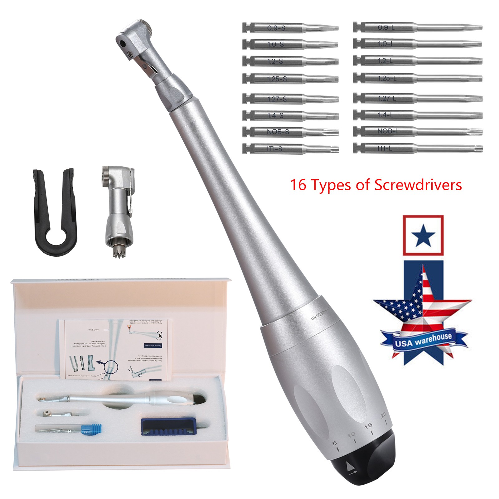 Dental Universal Implant Kit Torque Wrench Contra Angle & 16pcs Drivers Silver