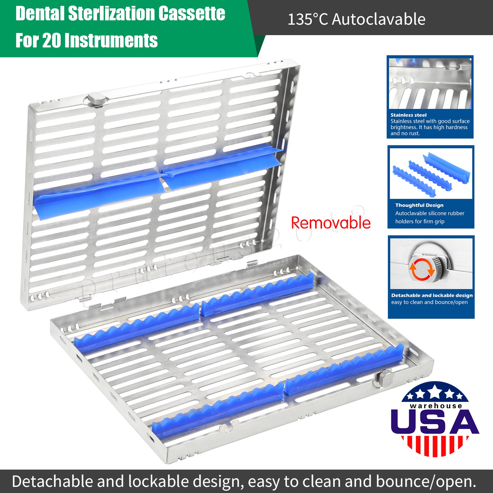 1 SANDENT DENTAL AUTOCLAVE STERILIZATION CASSETTES RACKS BOX FOR 20 INSTRUMENTS