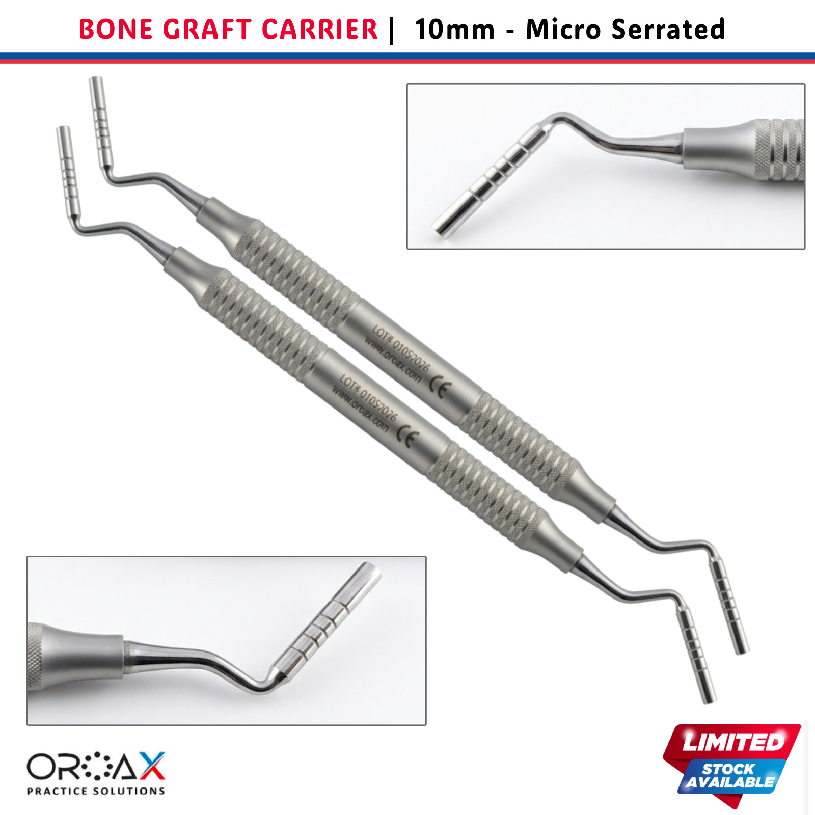 2 Pcs Dental Bone Graft Carrier Plugger 10mm Lightweight Micro Serrated C&C Tips