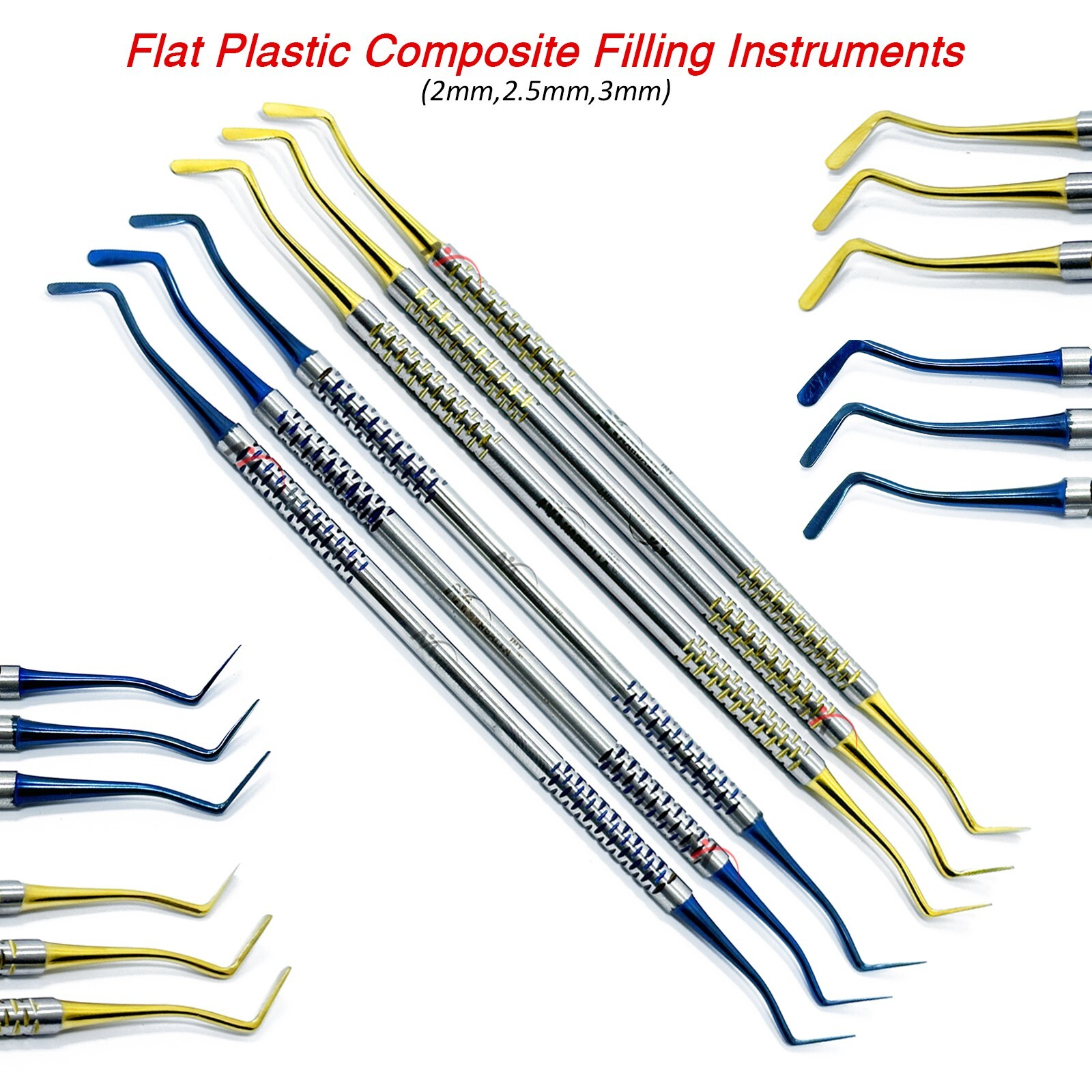 Dental Flat Plastic Filling Instruments Composite Gold & Blue Tips Restoration