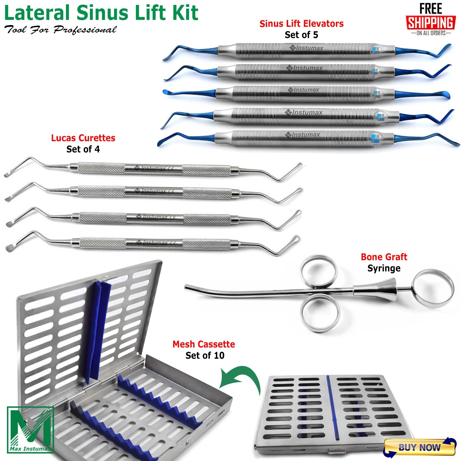 Lateral Sinus Lift Kit Elevators Curettes Syringe Cassette Periodontist Implants