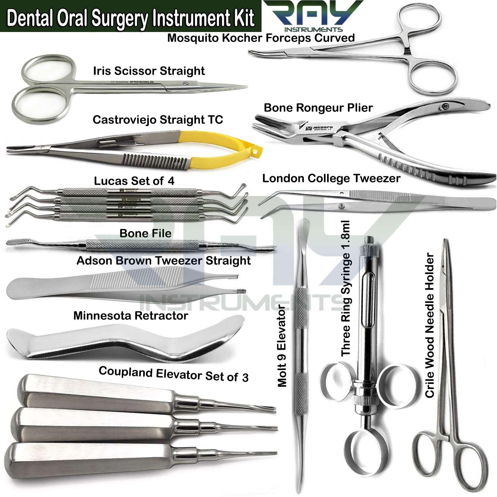 Dental Oral Surgery Kit Lucas Bone Curettes Forceps Scissor Tweezer Elevators